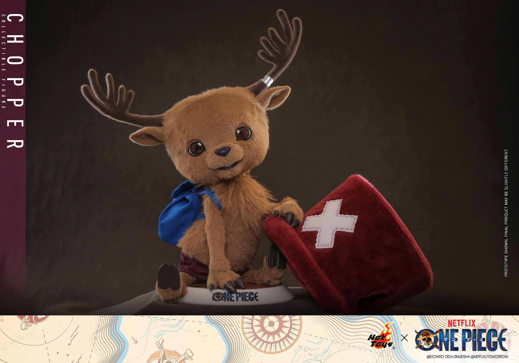 Standing 48.5 cm (19”) tall, the Tony Tony Chopper Collectible Figure has a specialized soft and squishy body covered in brown plush fabric, faithfully capturing his appearance on the live-action One Piece series on Netflix.
