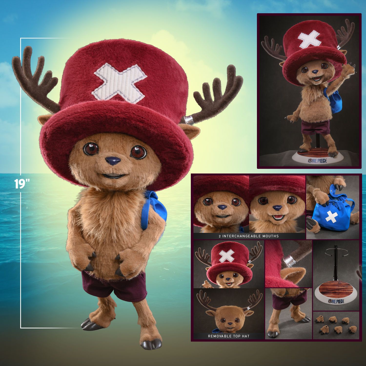 Standing 48.5 cm (19”) tall, the Tony Tony Chopper Collectible Figure has a specialized soft and squishy body covered in brown plush fabric, faithfully capturing his appearance on the live-action One Piece series on Netflix.