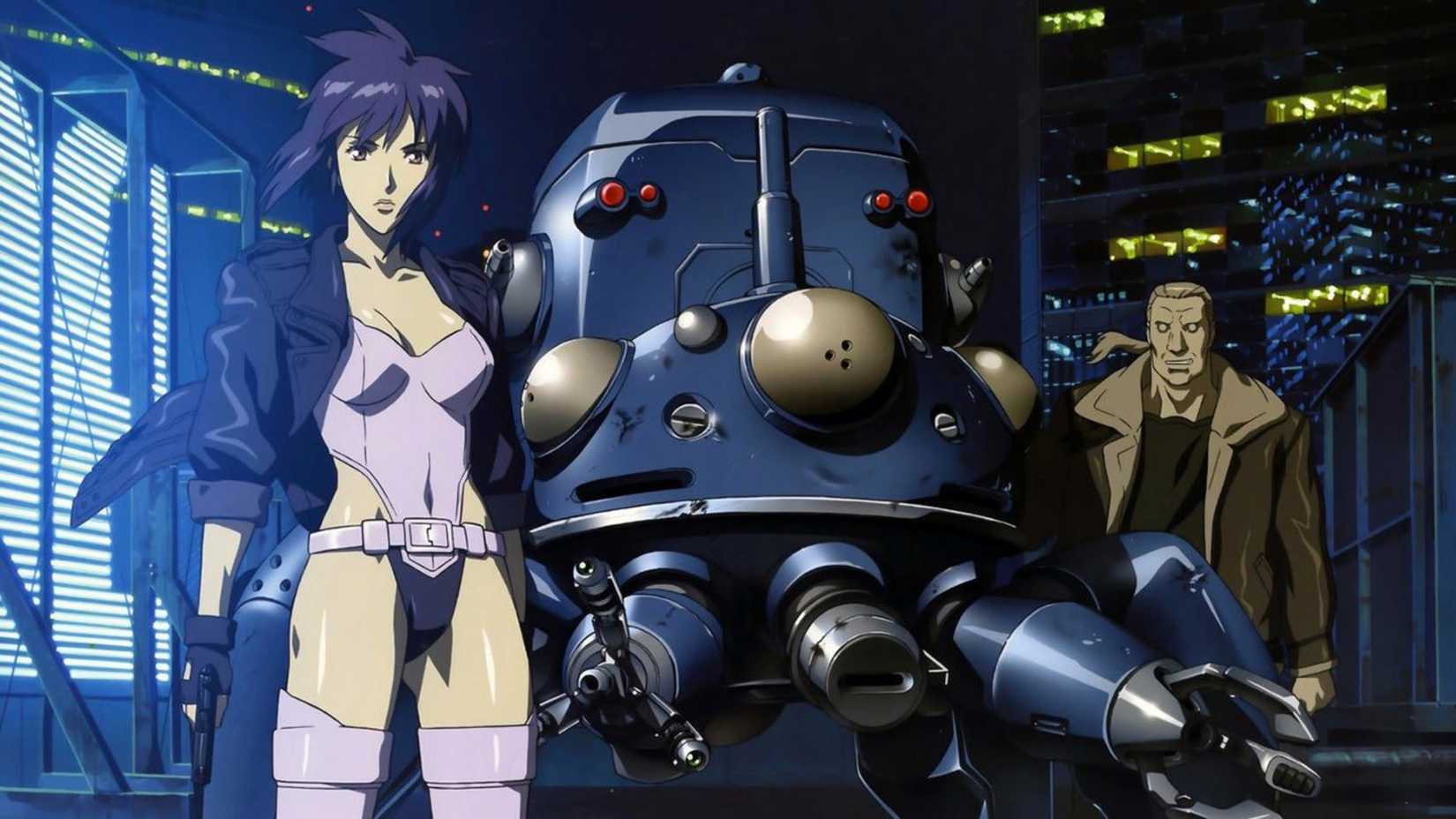 Motoko Kusanagi, Batou, and Tachikoma in Ghost in the Shell: Stand Alone Complex anime