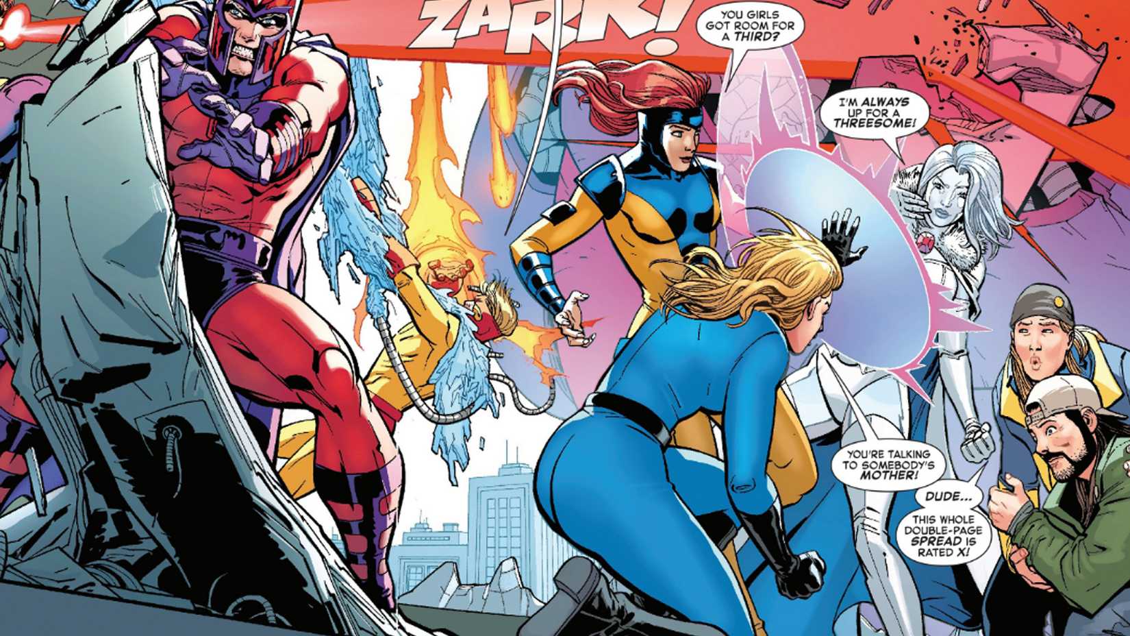 Jay and Silent Bob caught in the middle of a battle between some of Marvel's best heroes and villains