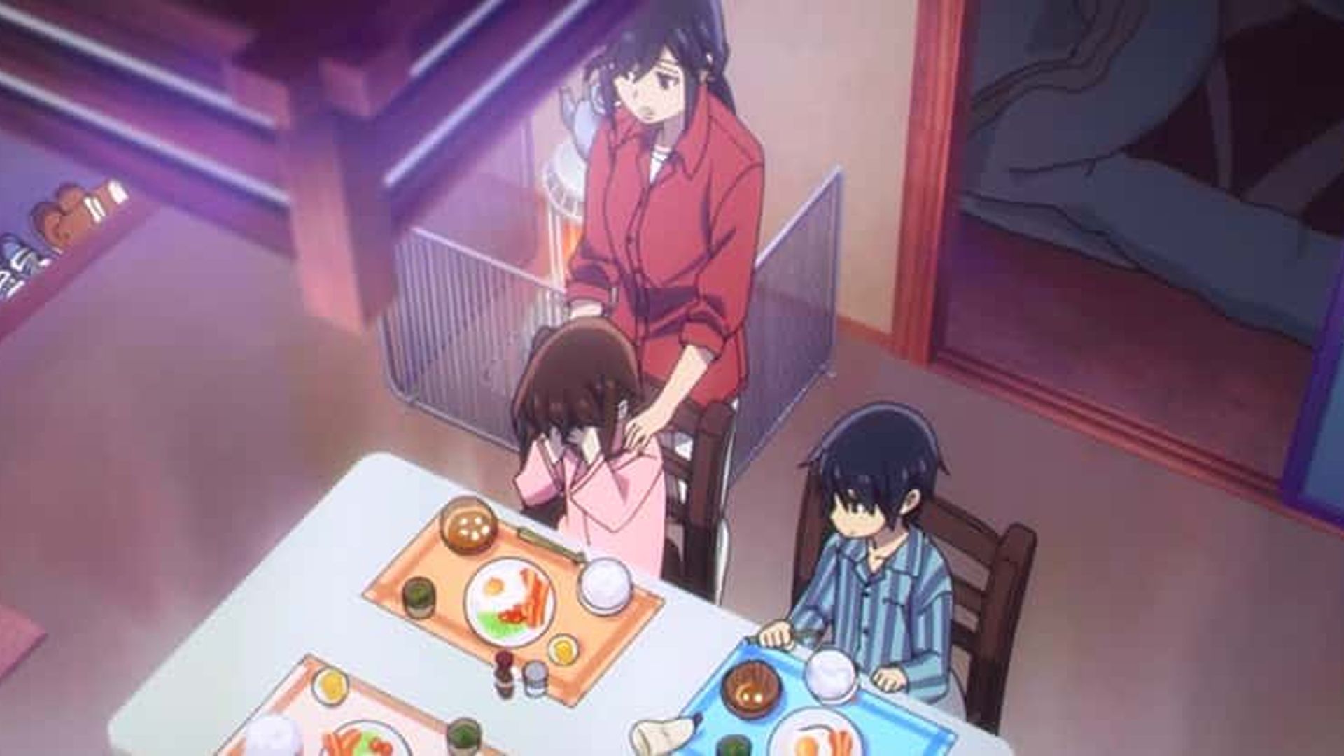 Kayo pleure à table avec Satoru et sa mère dans Erased.