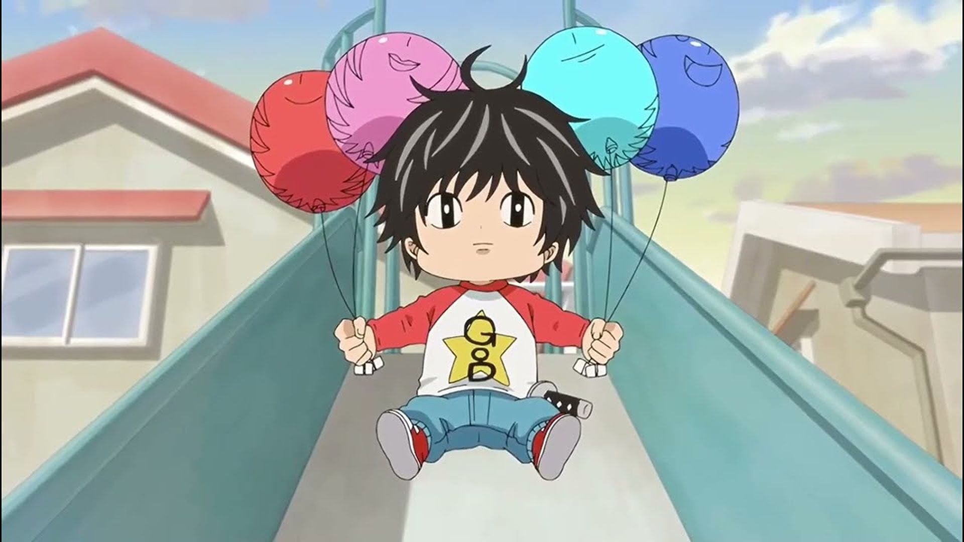 Kotaro, with balloons pretending to be a family, in Kotaro Lives Alone 