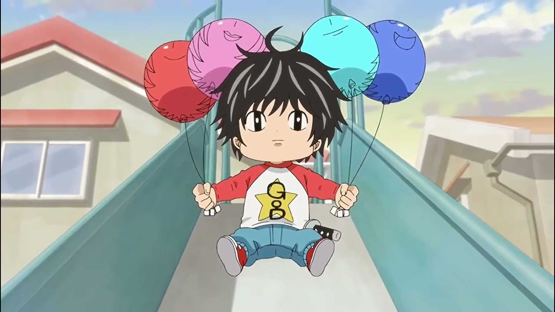 Kotaro, with balloons pretending to be a family, in Kotaro Lives Alone