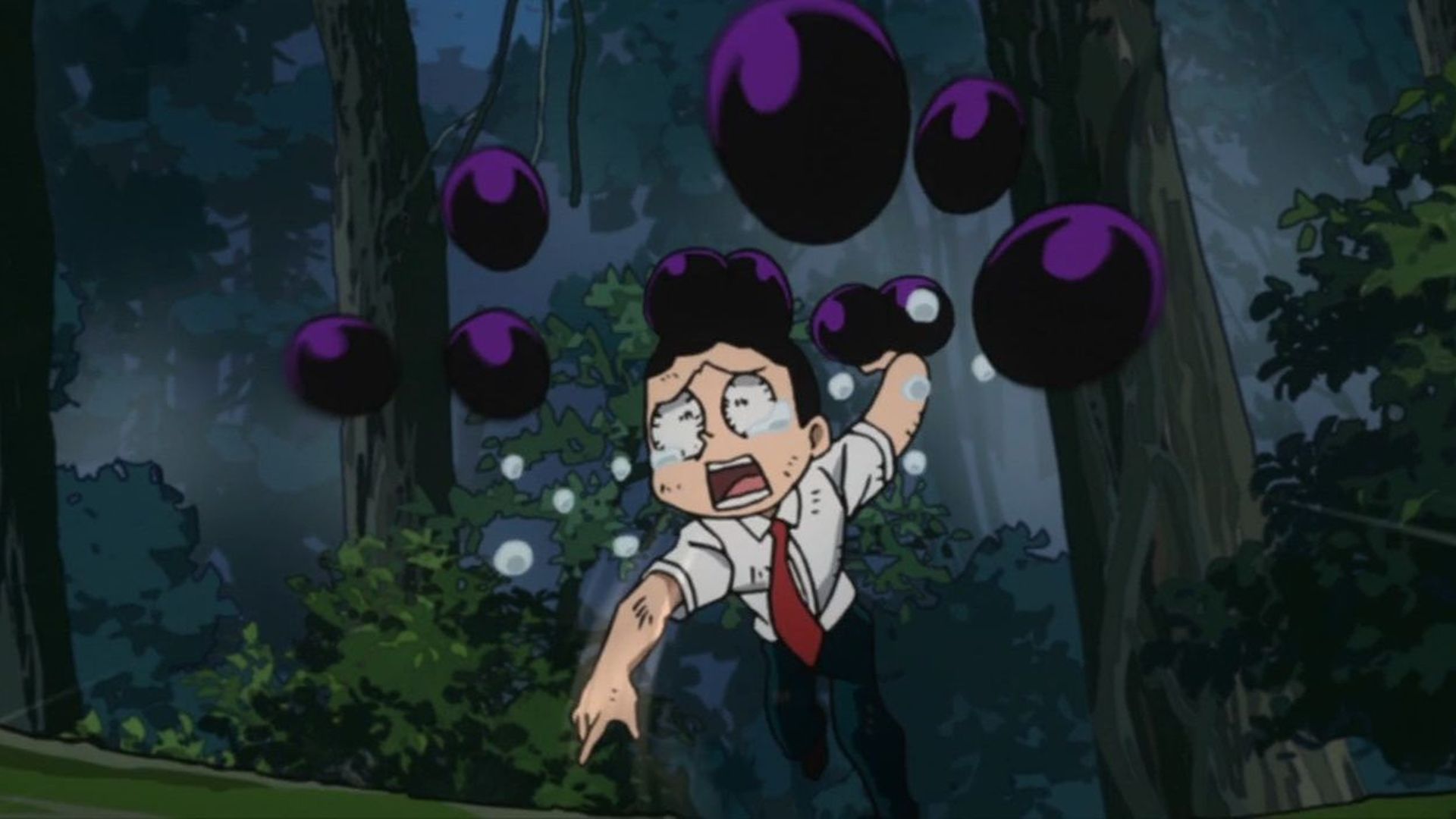 Minoru Mineta throws his quirk in the forest in My Hero Academia.