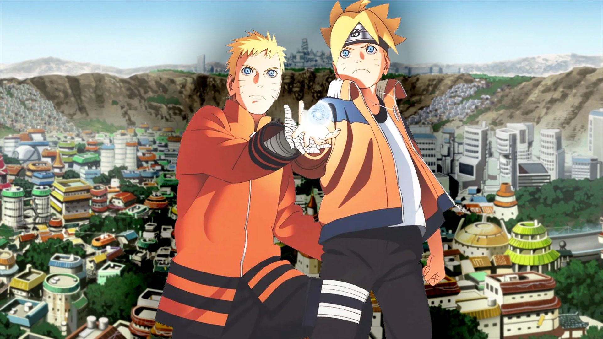 Naruto helping Boruto with a Rasengan in front of modern Konohakagure