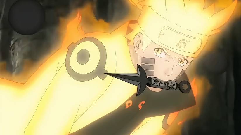 Naruto avec un kunai dans la bouche dans sa forme du mode Sage des Six Voies
