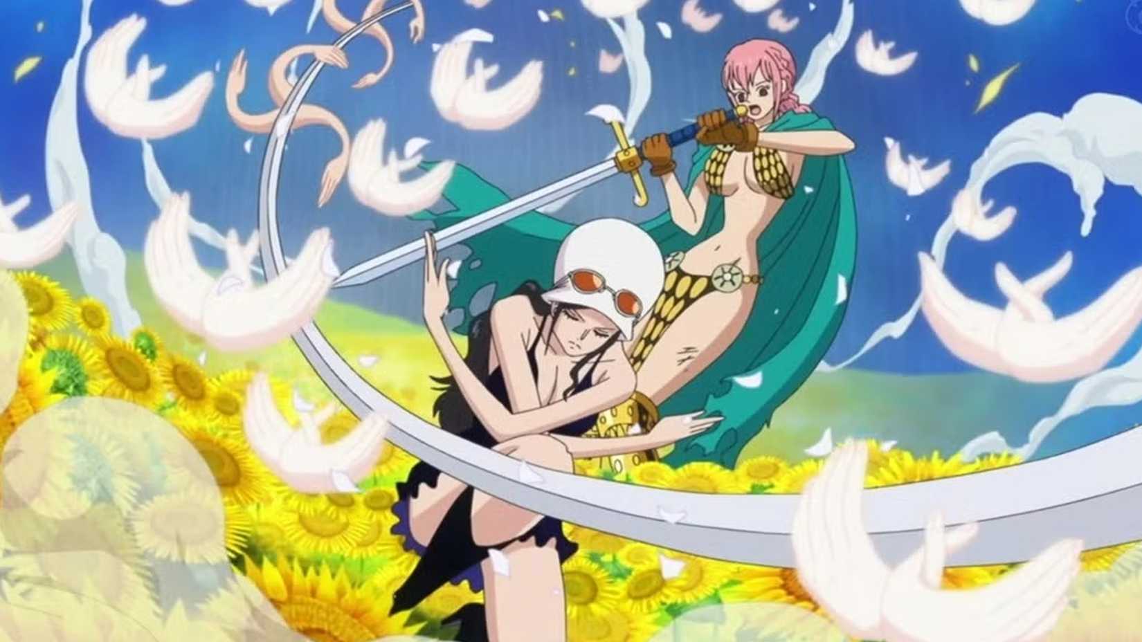 Nico Robin saves Rebecca with the Flower-Flower Fruit during One Piece's Dressrosa Arc.