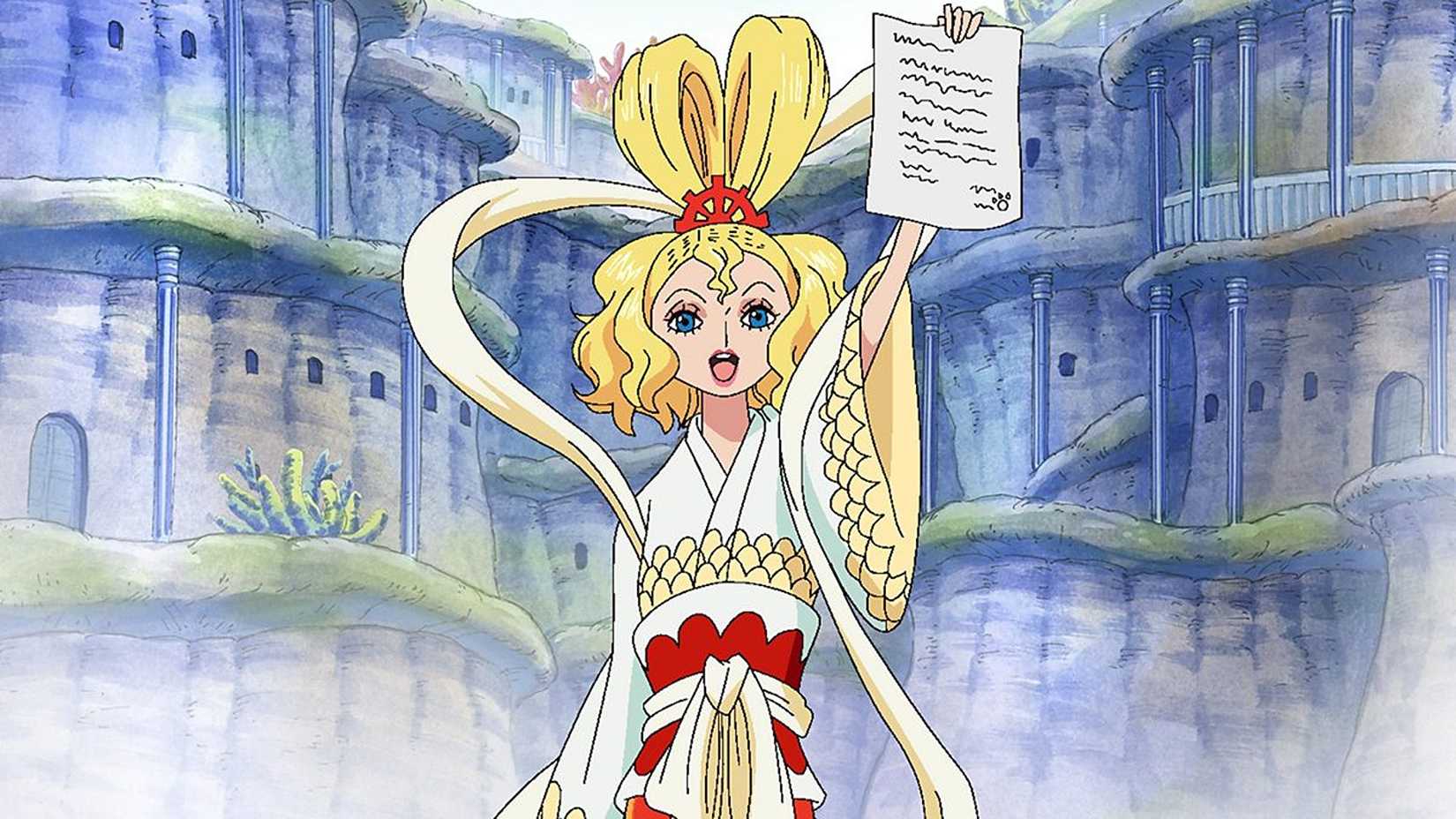 Queen Otohime holds up a peace petition in One Piece