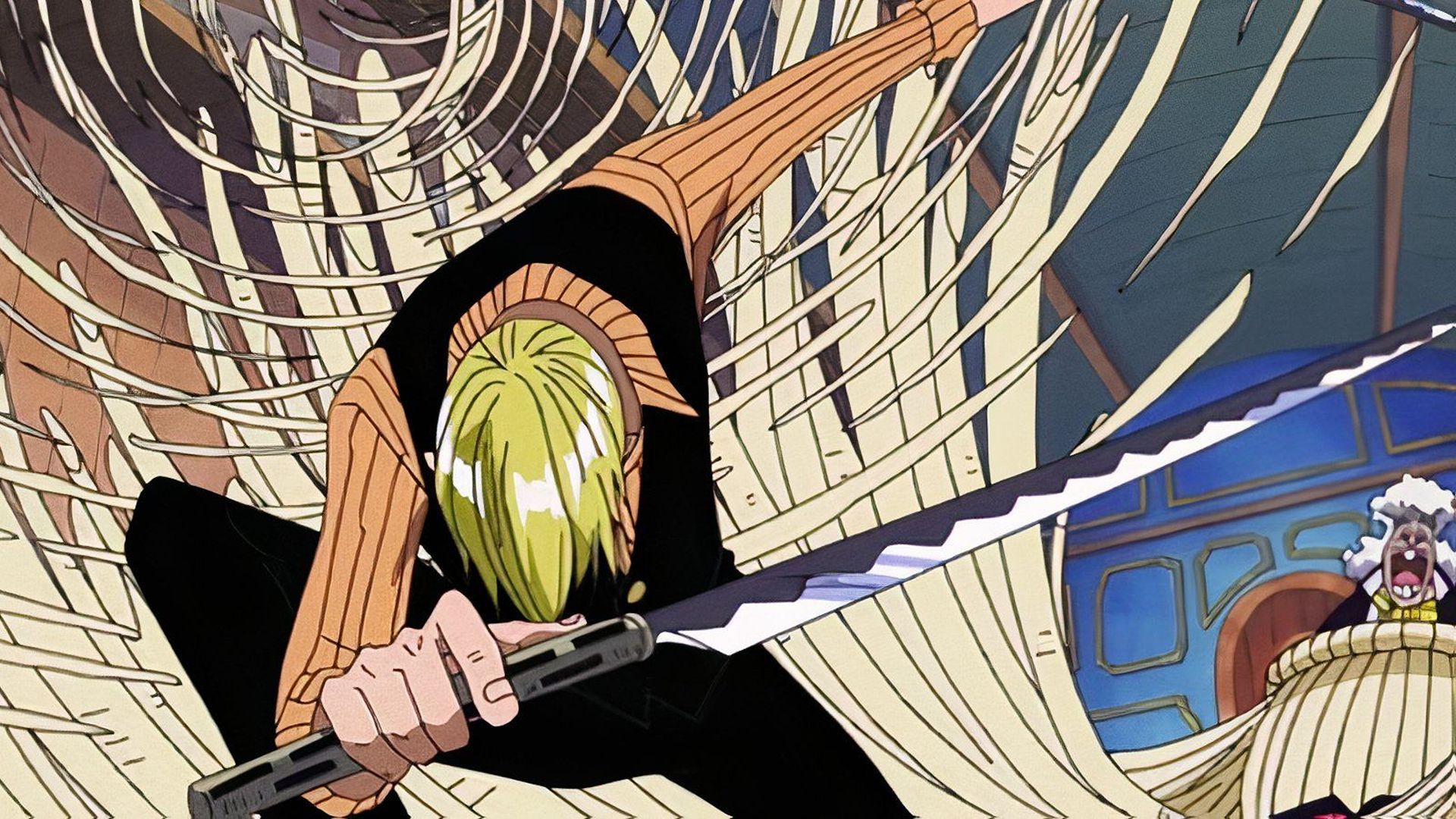Sanji uses knives to stop Wanze's Ramen Kenpo in One Piece.