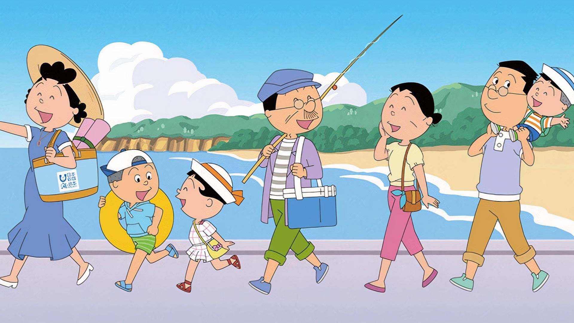 Sazae-San and family walk along next to the beach.