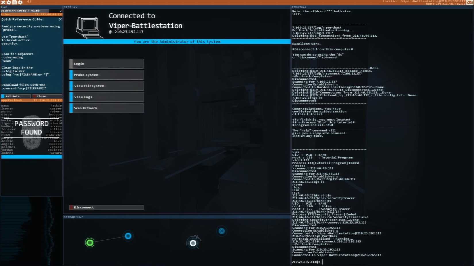 Screenshot from Hacknet showing a terminal prompt with lots of code-1920x1080