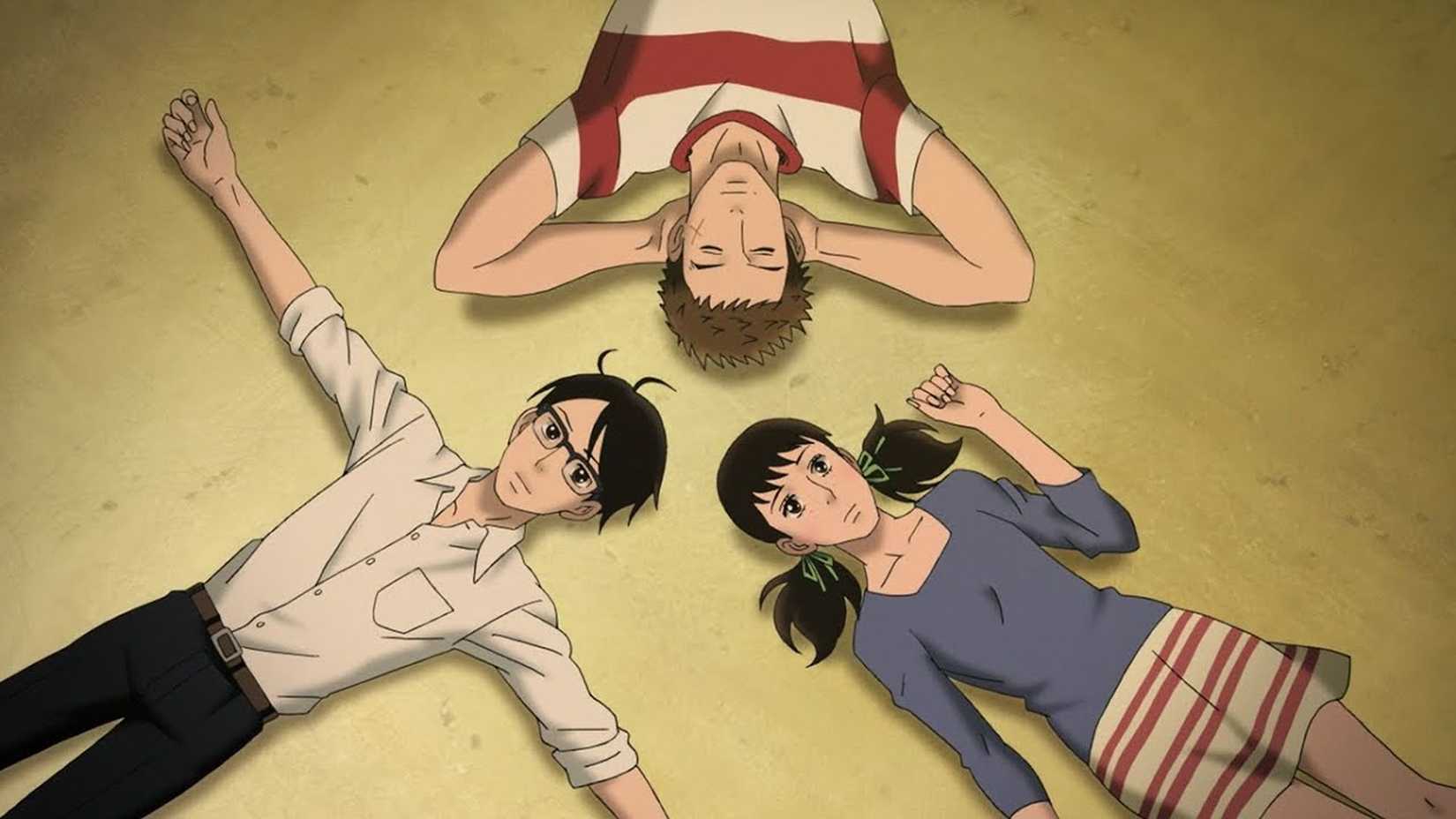 Sentaro, Kaoru et Ritsuko gisaient sur le sol dans Kids on the Slope