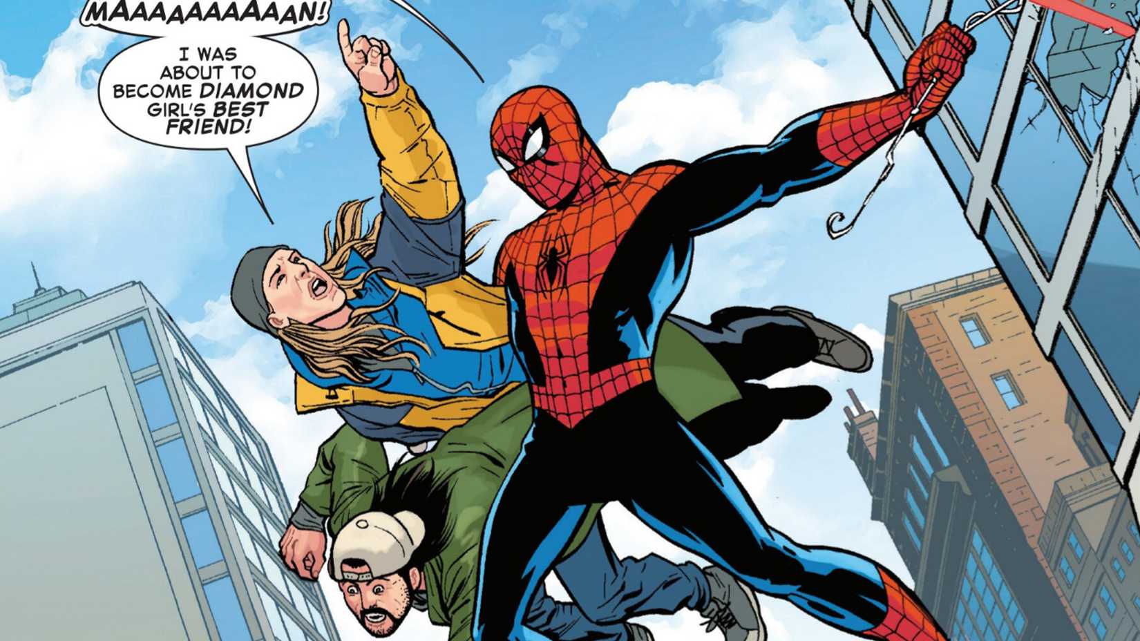 Spider-Man saves Jay and Silent Bob in his classic swinging pose 