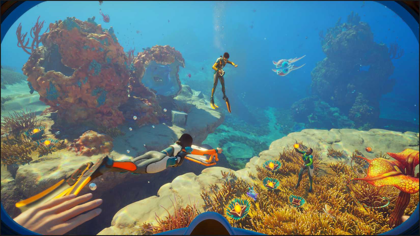 Subnautica 2 screenshot of multiple players swimming underwater