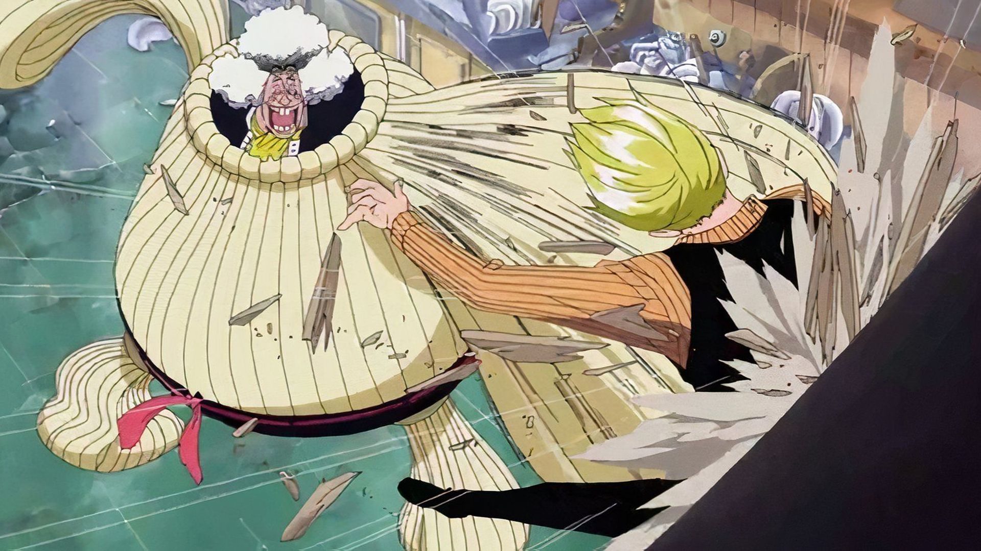 Wanze attacks Sanji with his Ramen Kenpo punch on One Piece's Sea Train.