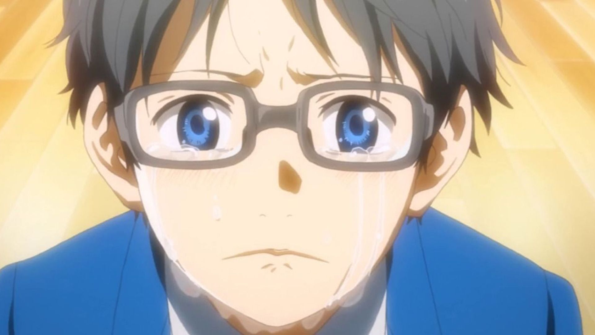 Kousei pleure la mort de Kaori dans Your Lie en avril.