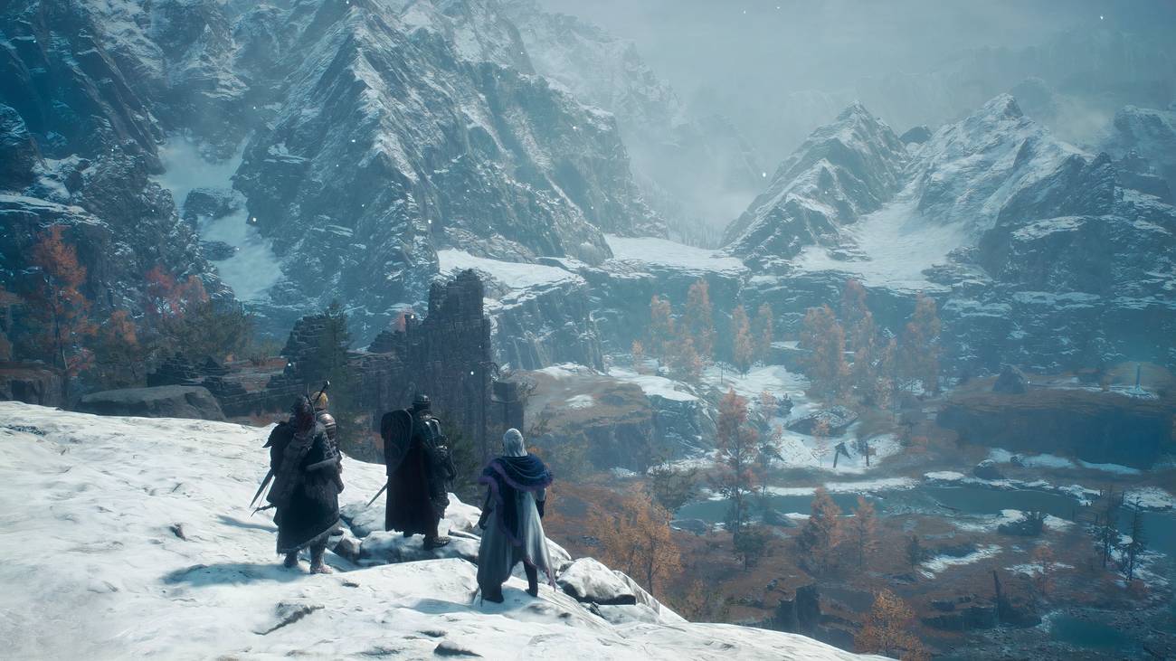 A snowy region with four characters on a cliff