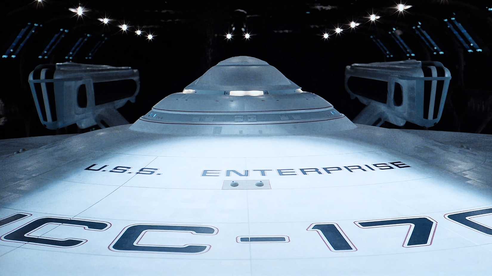 CLoseup of the USS Enterprise saucer and nacelles in dry dock from Star Trek II The Wrath of Khan