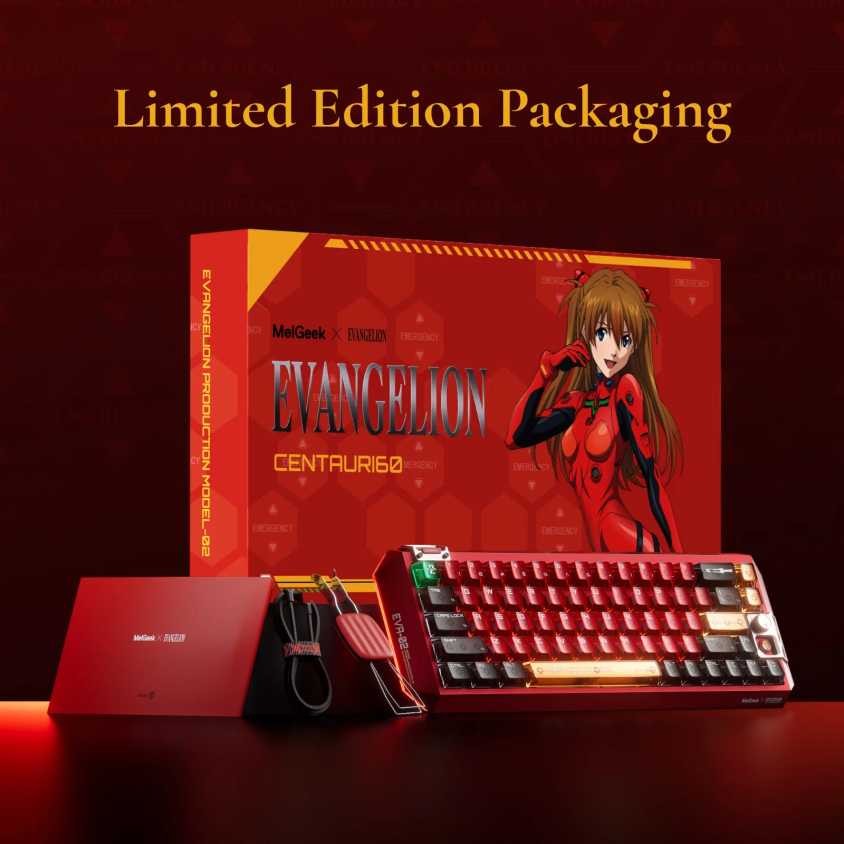 Opakowanie i zawartość limitowanej edycji klawiatury MelGeek x Evangelion Centauri 60 w czerwono-żółtej kolorystyce z wizerunkiem Asuki.