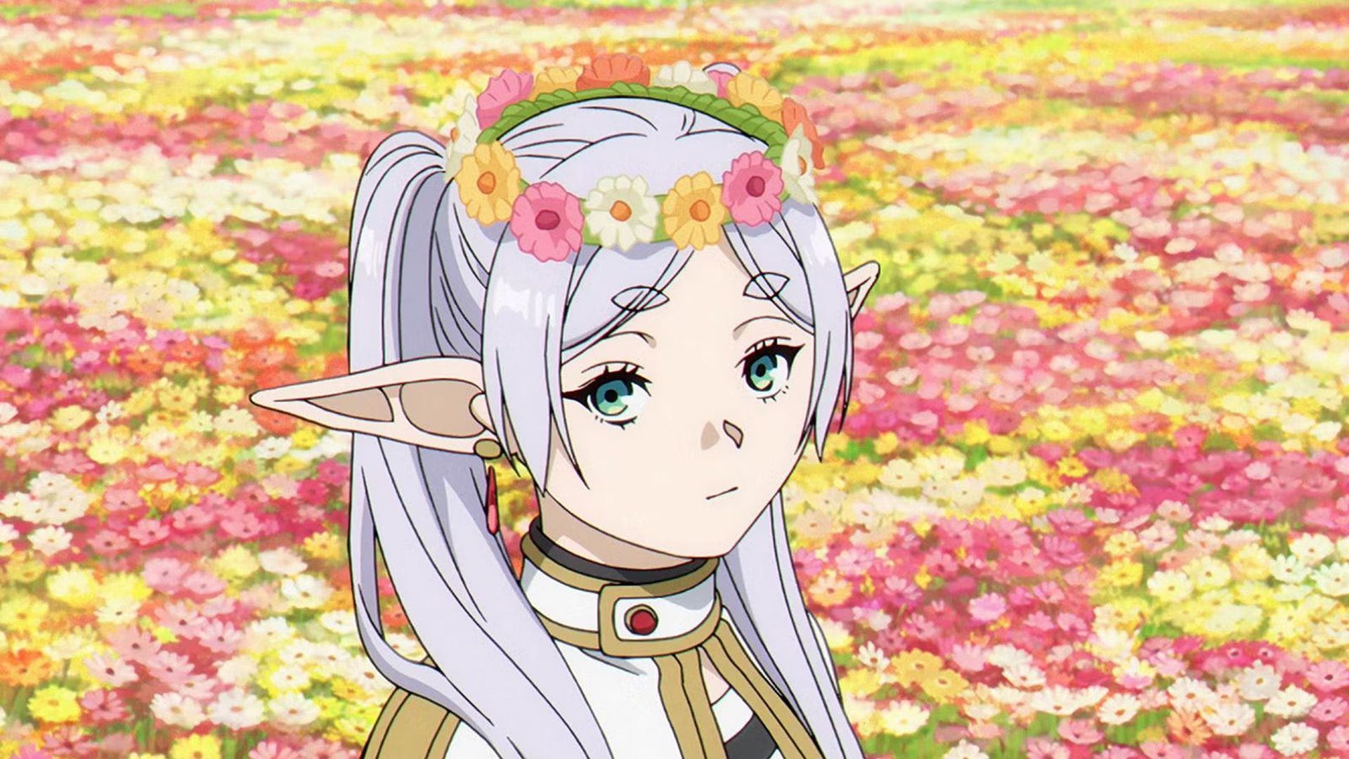 Frieren wearing a flower crown after creating a field of flowers.