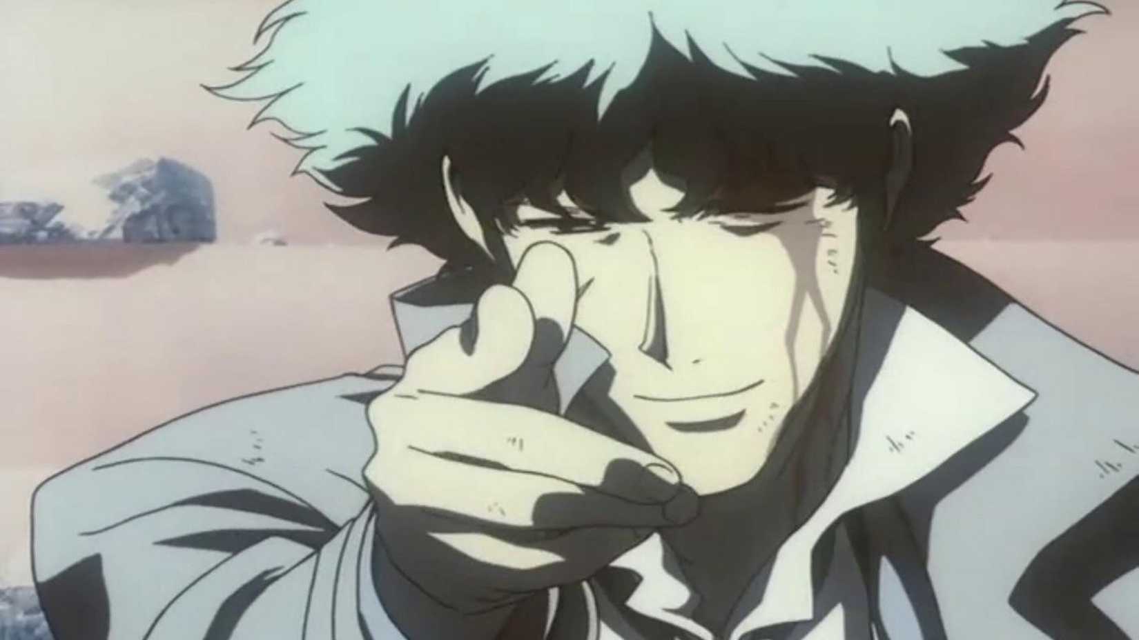 Injured Spike Spiegel does a bang motion in Cowboy Bebop