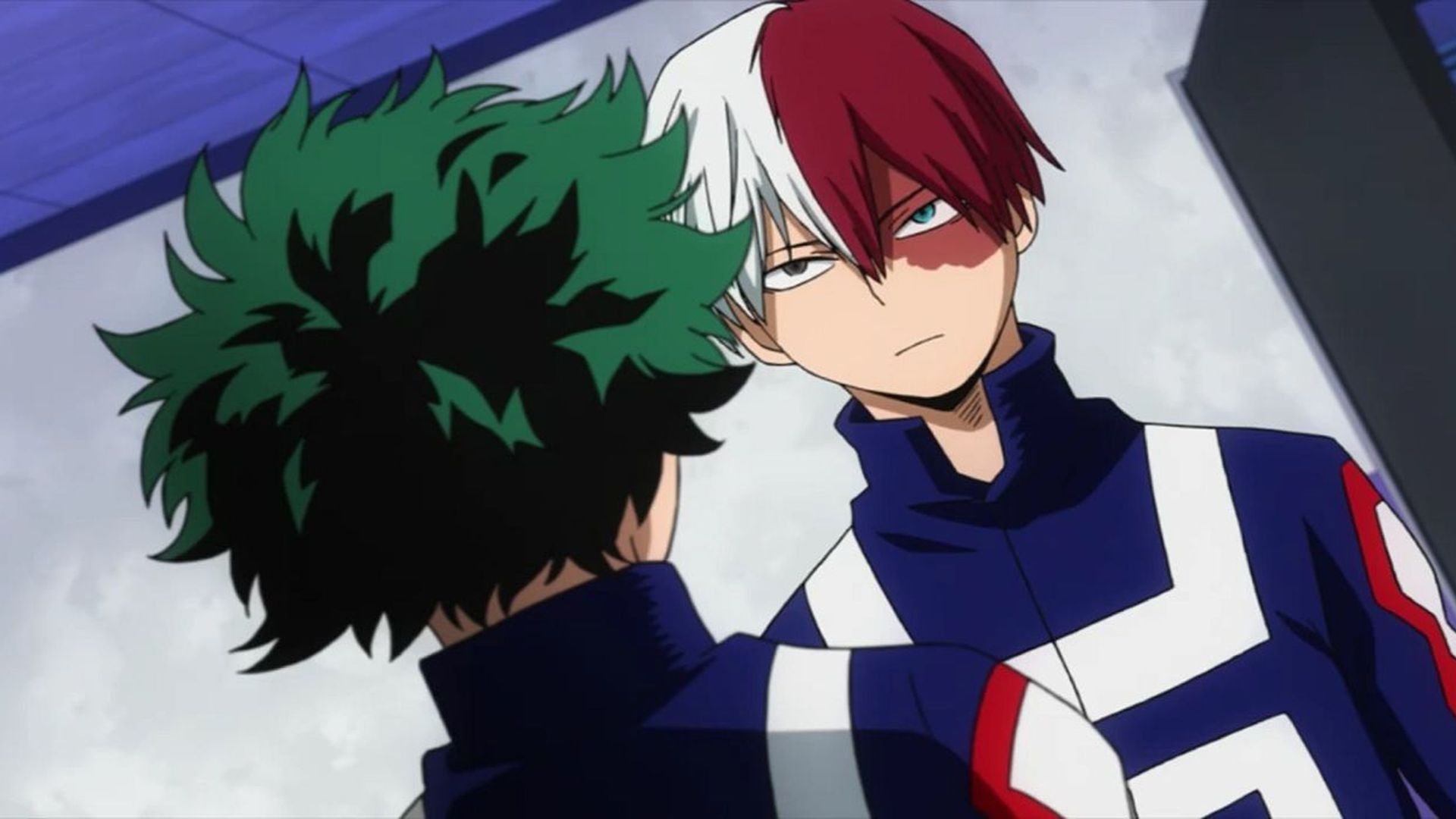 Deku and Todoroki square up before a fight in My Hero Academia.