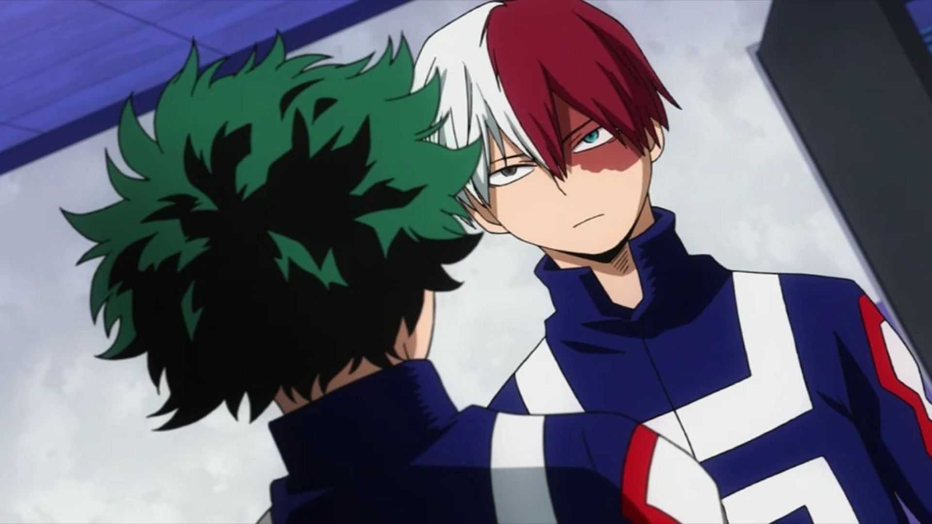 Deku and Todoroki square up before a fight in My Hero Academia.