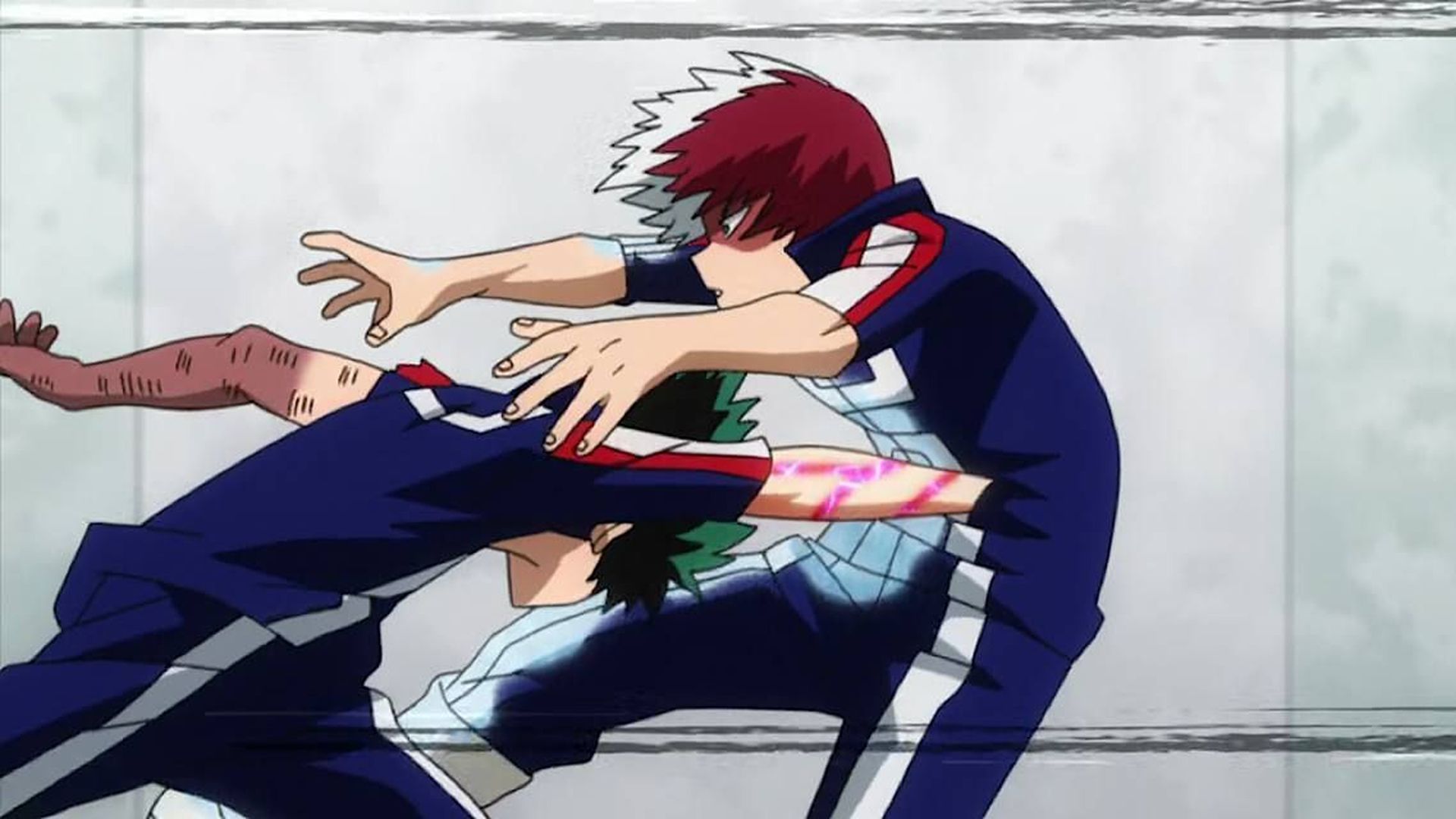 Deku punches Todoroki in My Hero Academia.