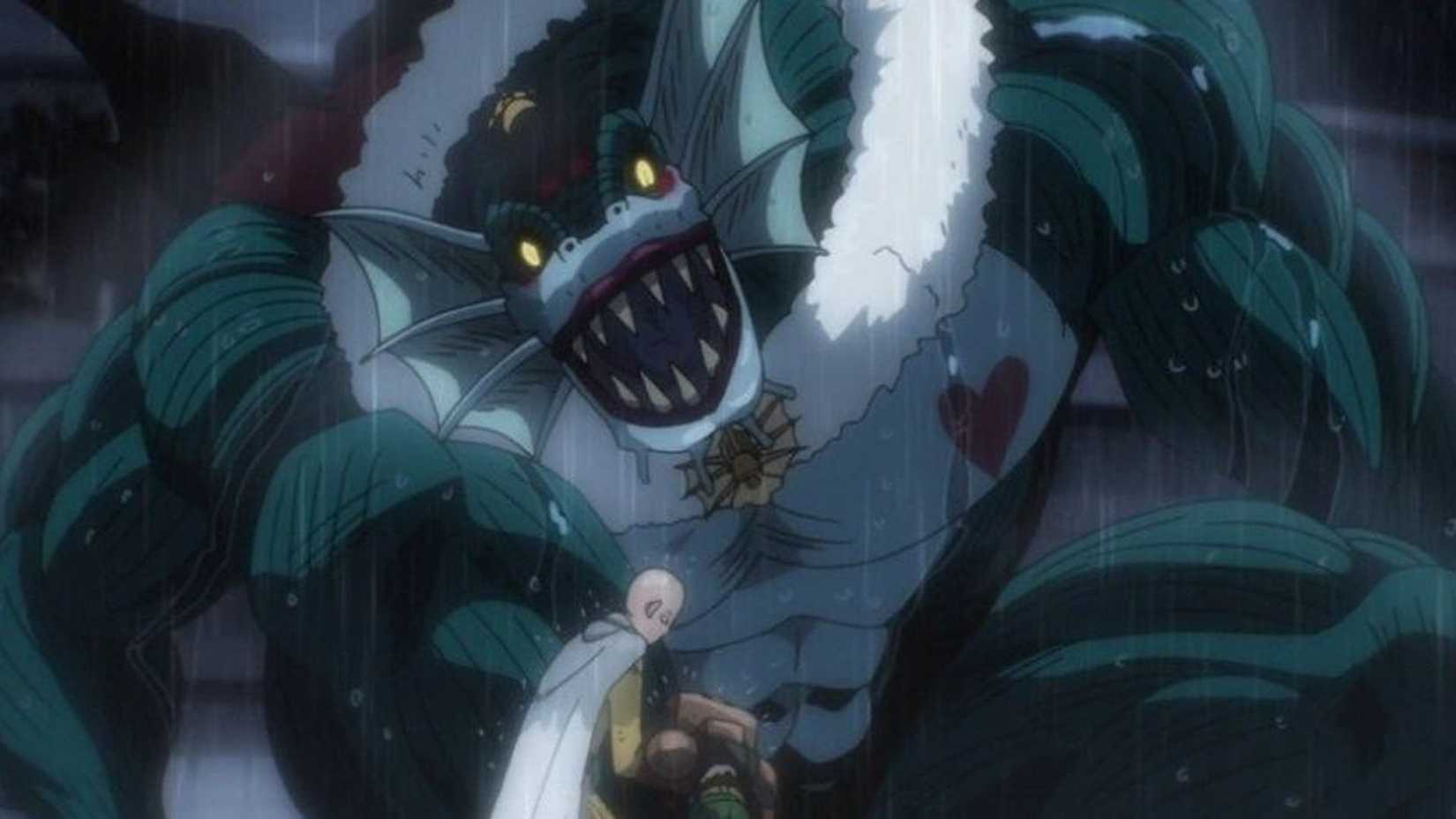 Saitama rescues Mumen Rider from the Deep Sea King in One-Punch Man.