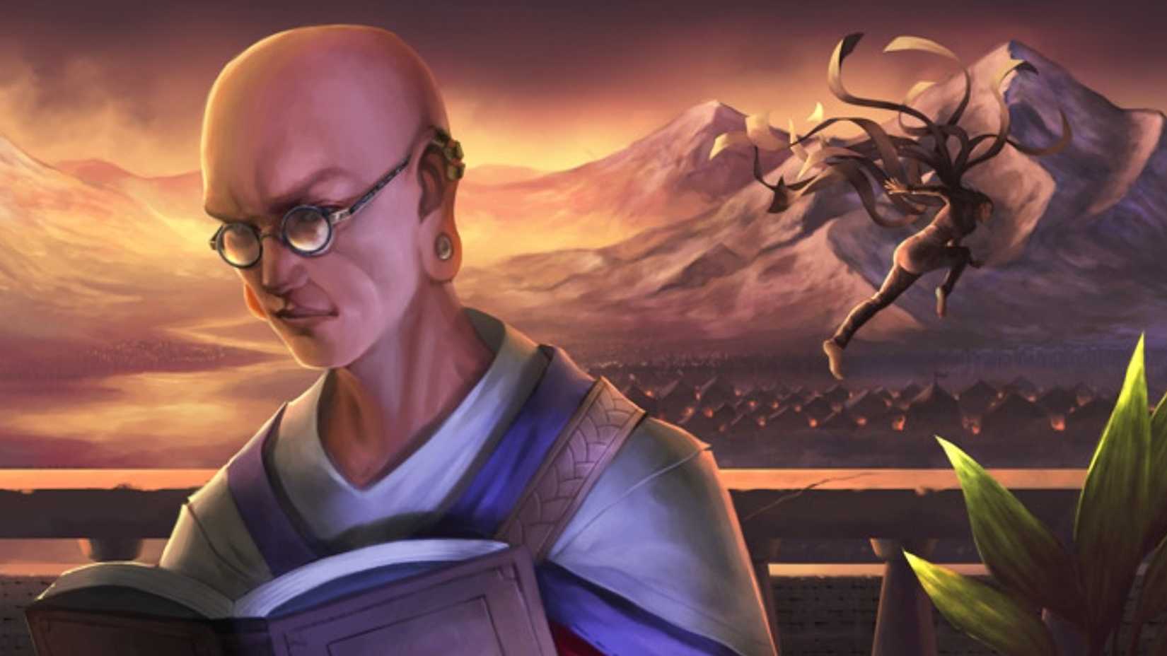 Sazed from Mistborn reads a book.