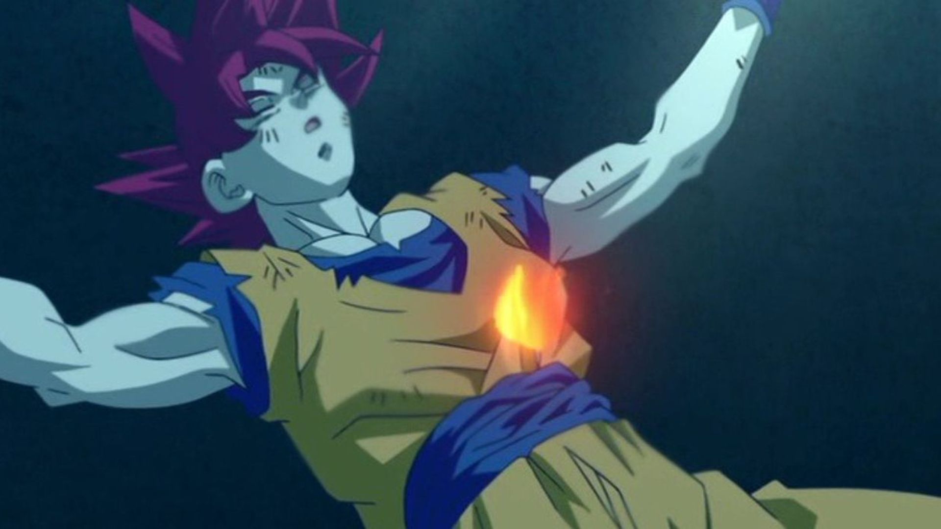 Super Saiyan Goku underwater after being stabbed by Beerus in Dragon Ball Super.