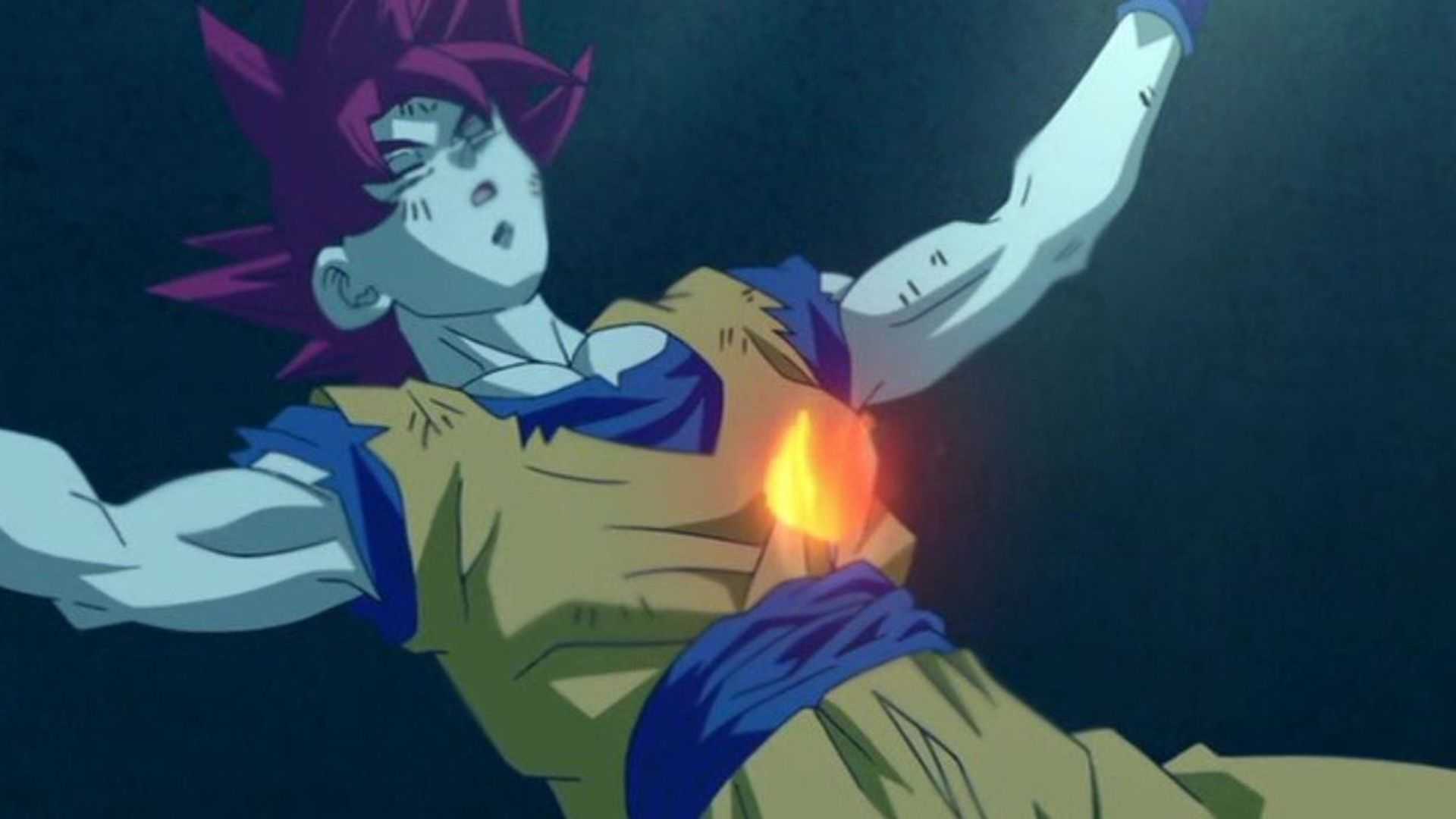 Super Saiyan Goku underwater after being stabbed by Beerus in Dragon Ball Super.