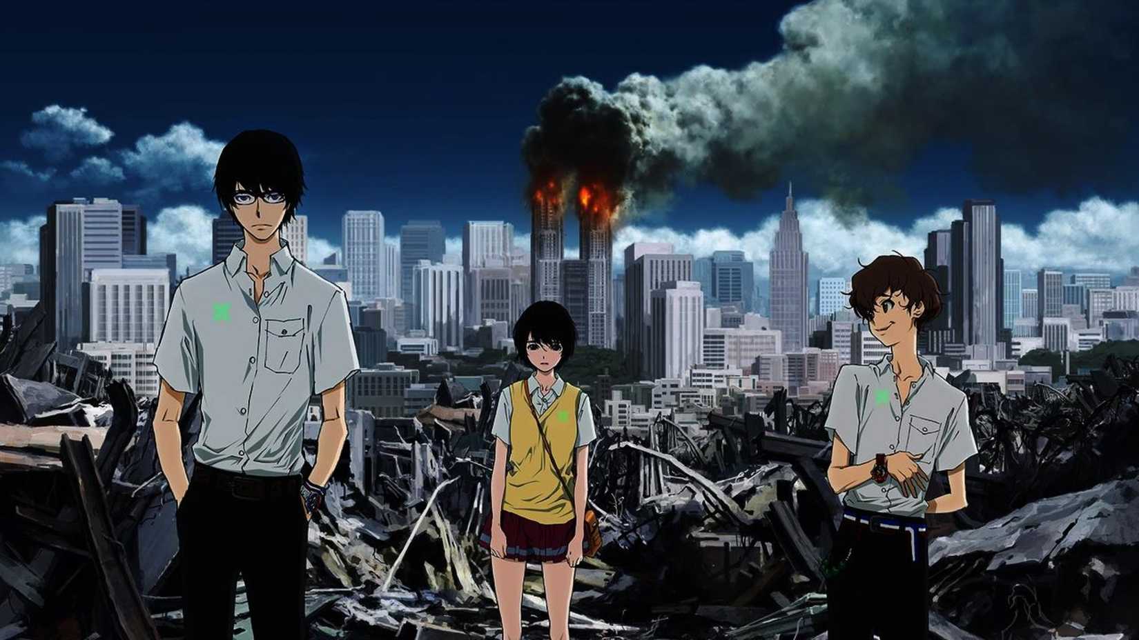error In Resonance characters standing outside a blown-up building.