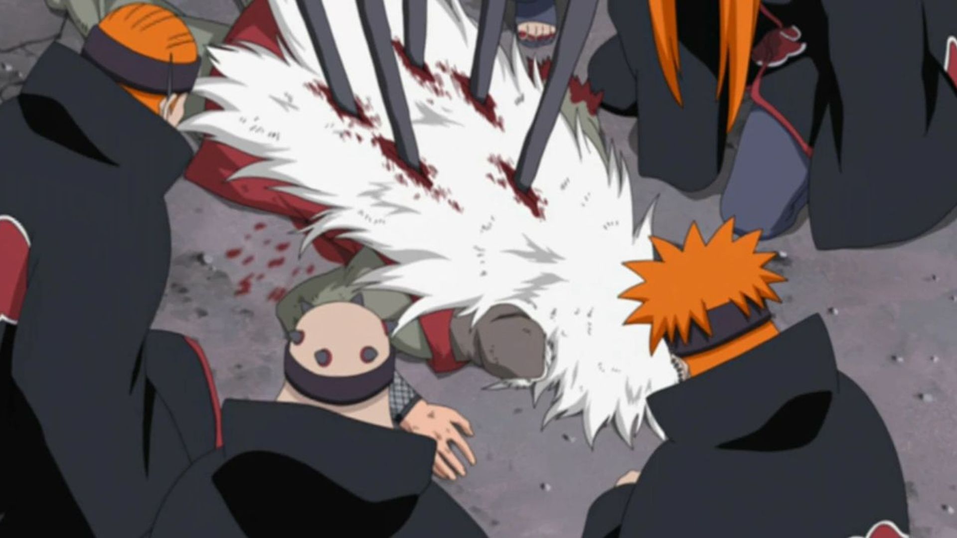 The Six Paths of Pain surround Jiraiya as he bleeds to death in Naruto Shippuden.