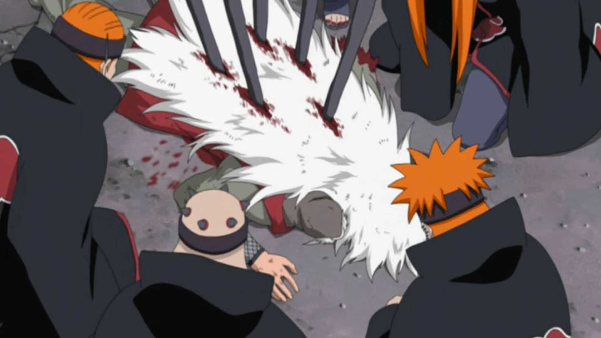 The Six Paths of Pain surround Jiraiya as he bleeds to death in Naruto Shippuden.