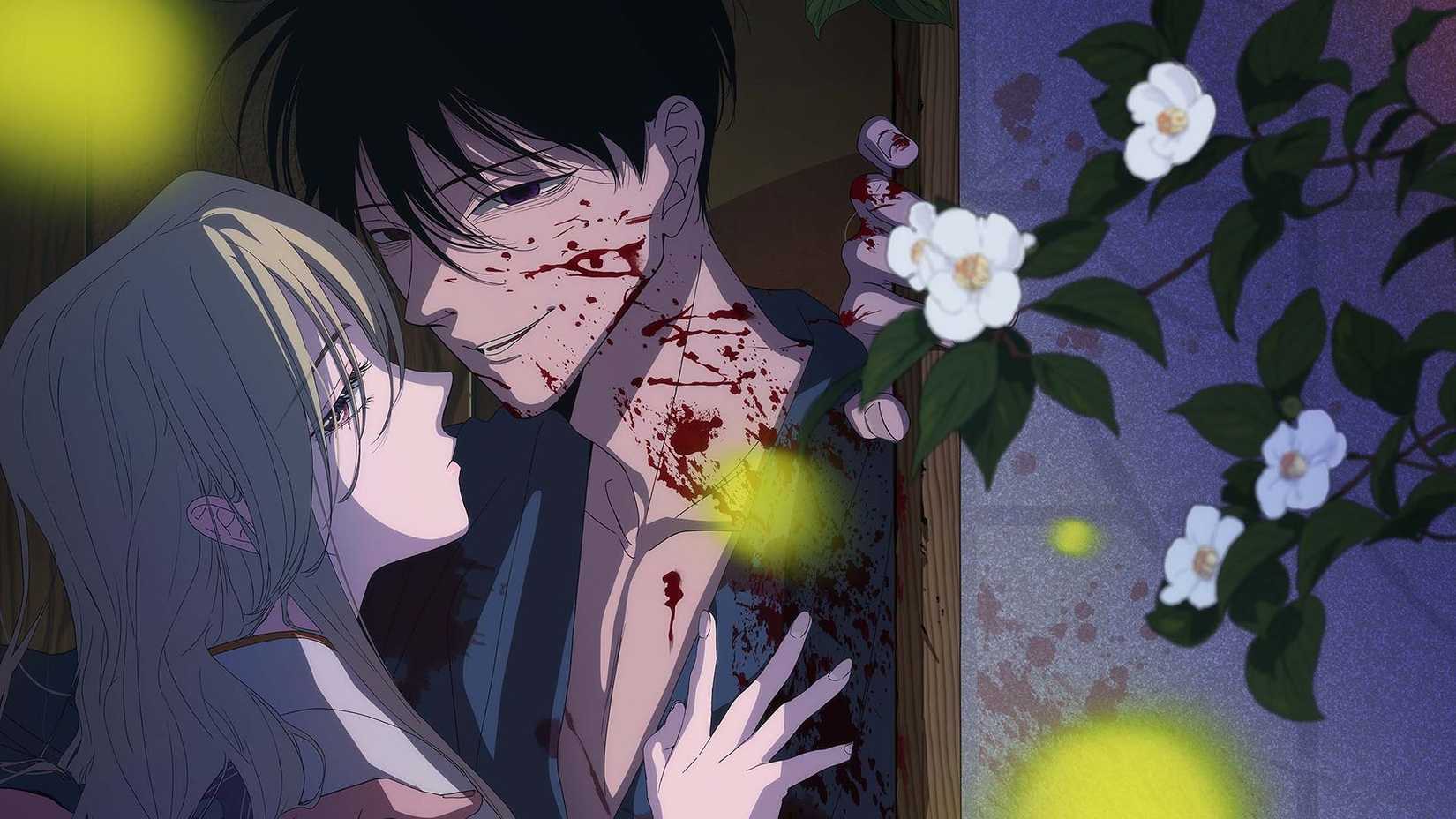 Satoko and Shinpei embrace in Firefly Wedding anime visual.