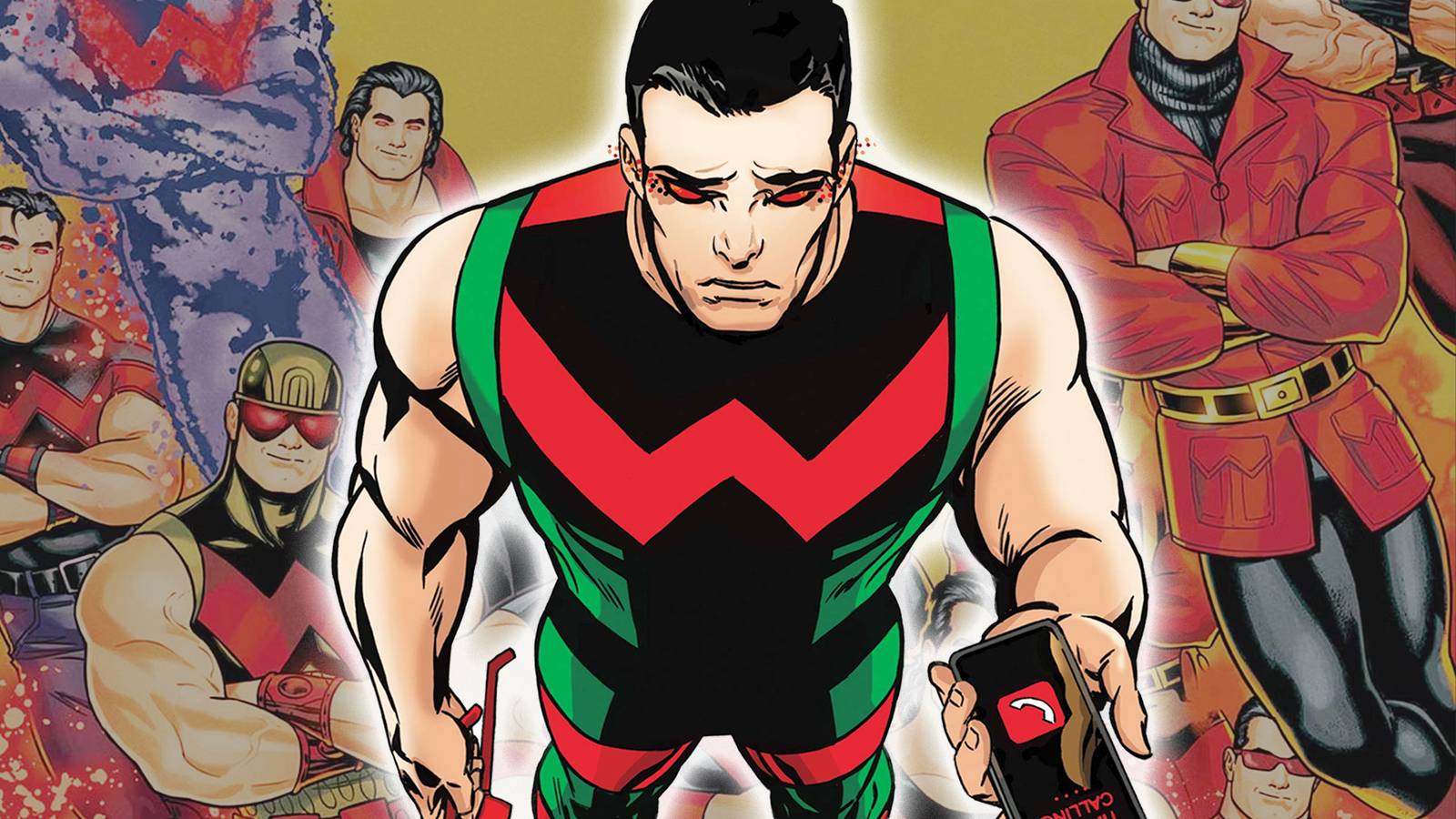 Wonder Man looks stunned following a phone call while his legacy versions pass behind him