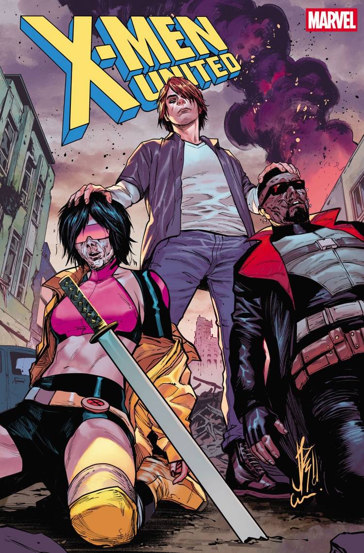 Okładka komiksu X-Men United wydawnictwa Marvel, przedstawiająca postać Blade'a oraz bohaterów X-Men w dramatycznej scenerii.