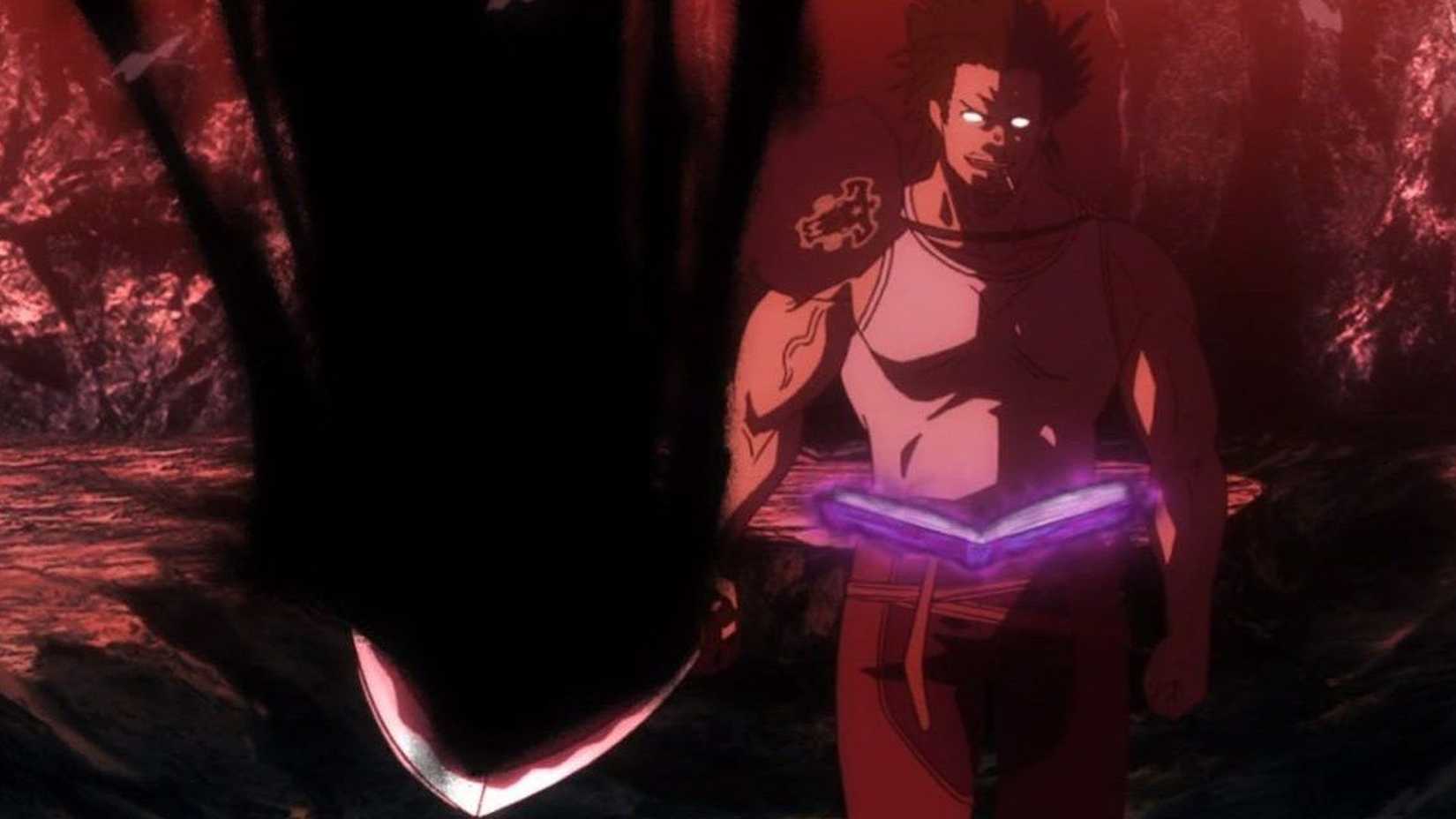 Yami's eyes glow as he reads from his grimoire in Black Clover.