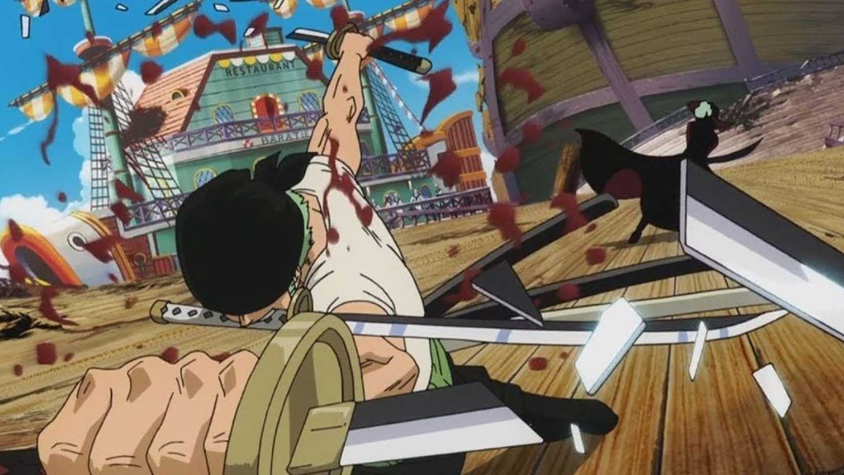 Zoro shatters his blades fighting Mihawk in One Piece.