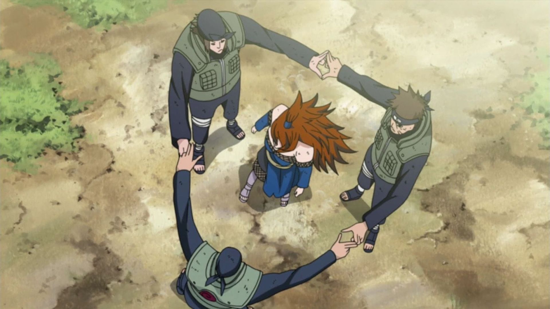 Raido, Genma and Iwashi preparing to transport Mei to battle in Naruto.