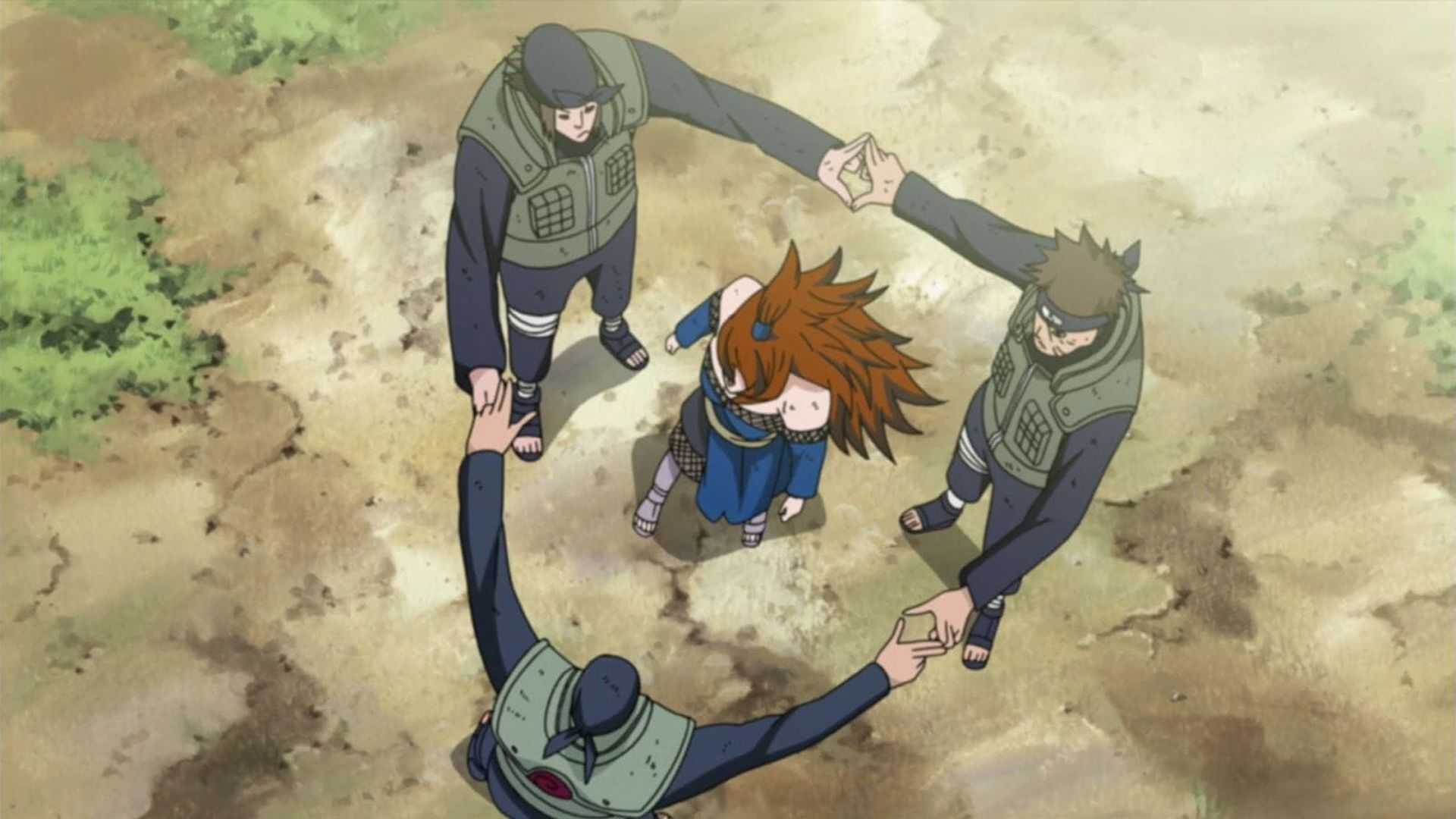 Raido, Genma and Iwashi preparing to transport Mei to battle in Naruto.