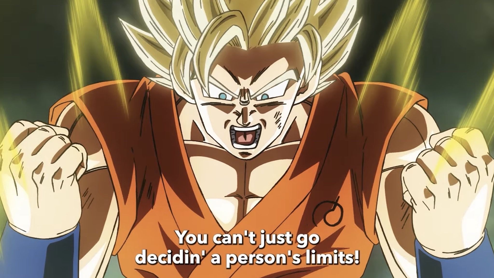 Super Saiyan Goku charges his power in Dragon Ball Super: Beerus