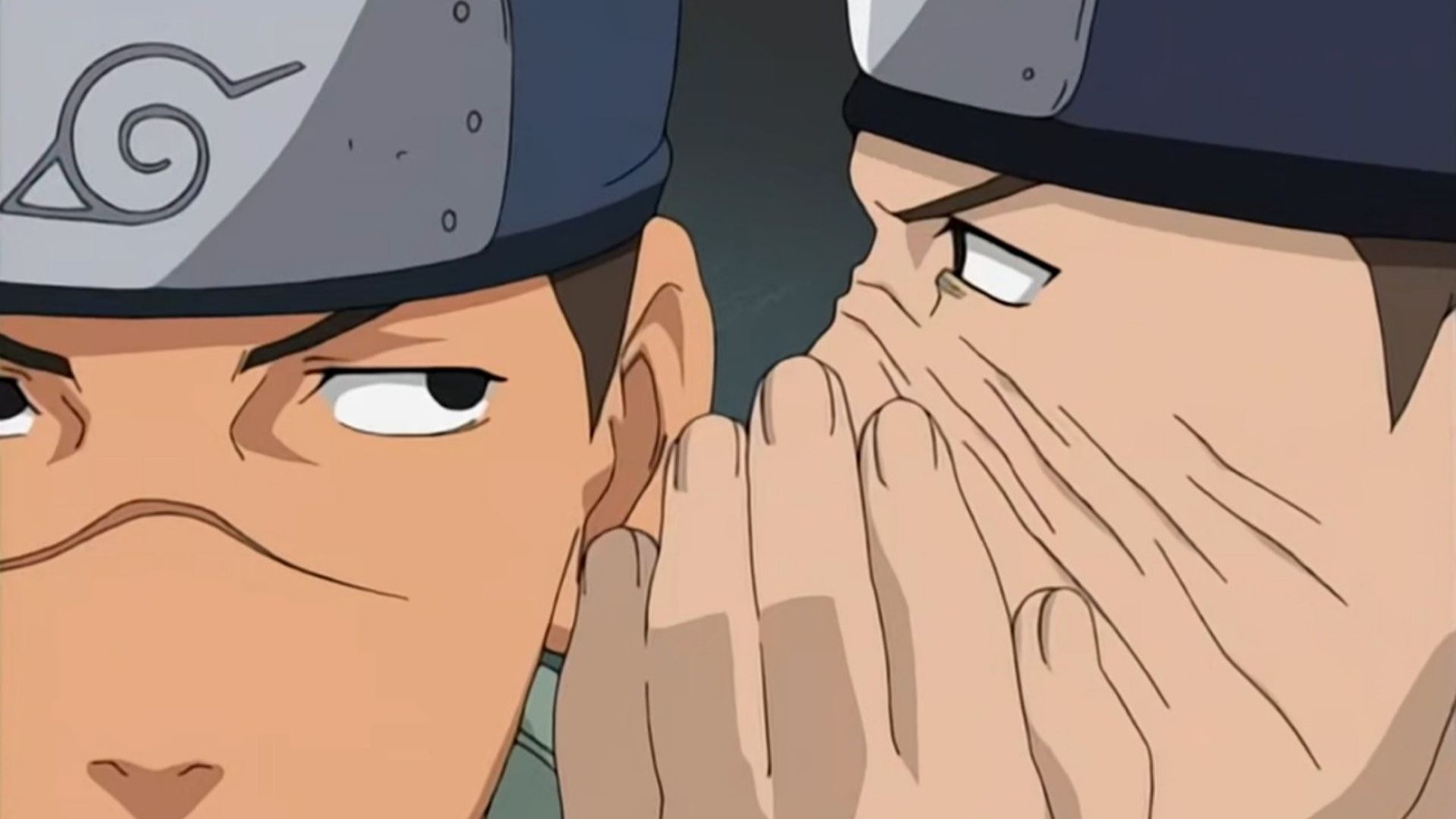 Raido Namiashi whispering in someone's ear in Naruto.