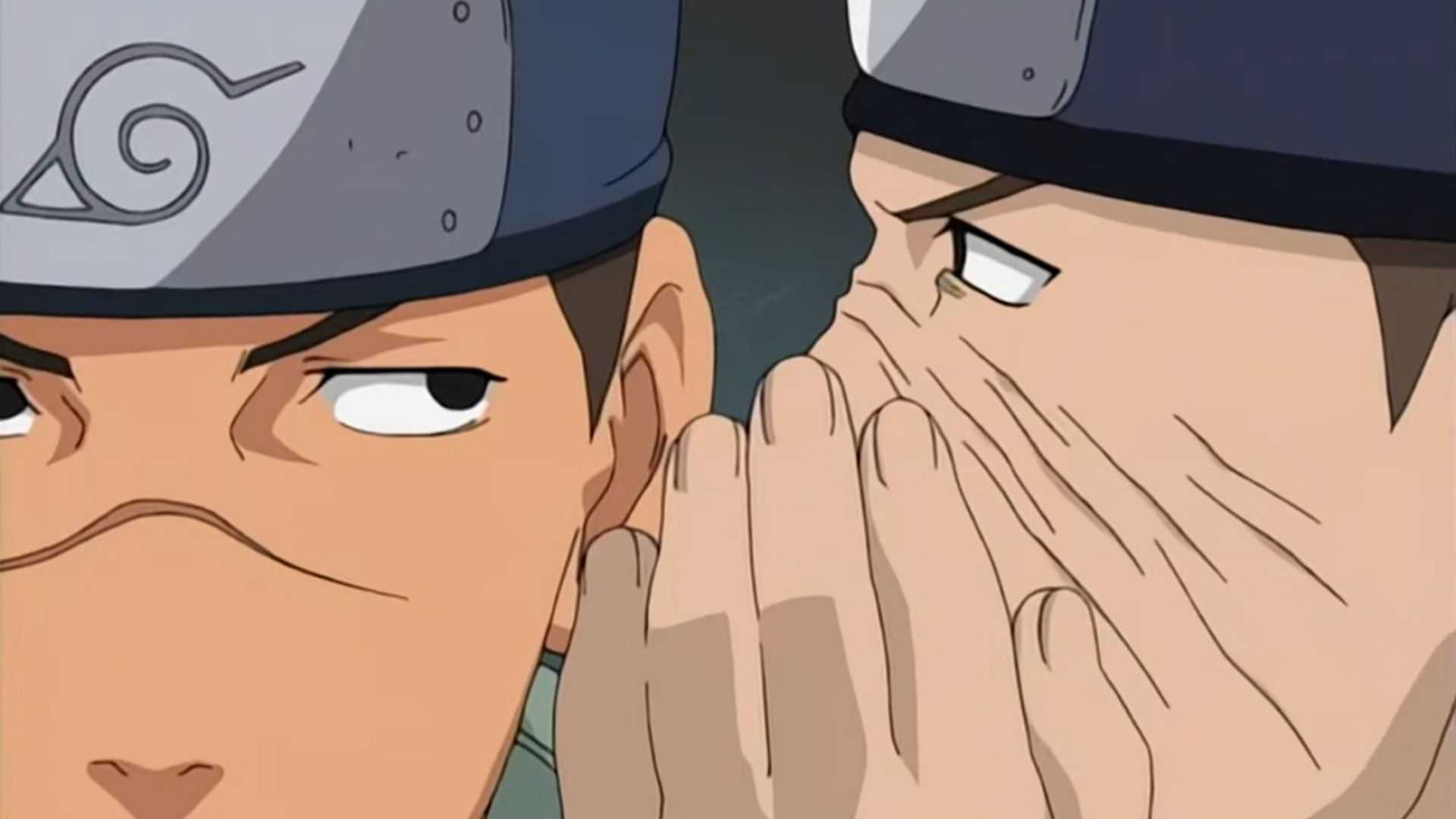 Raido Namiashi whispering in someone's ear in Naruto.