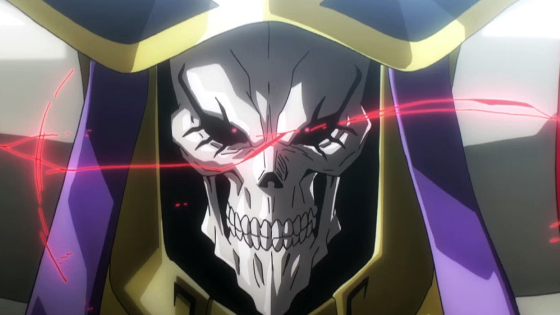 Ainz Ooal Gown's skeletal face grinning in Overlord