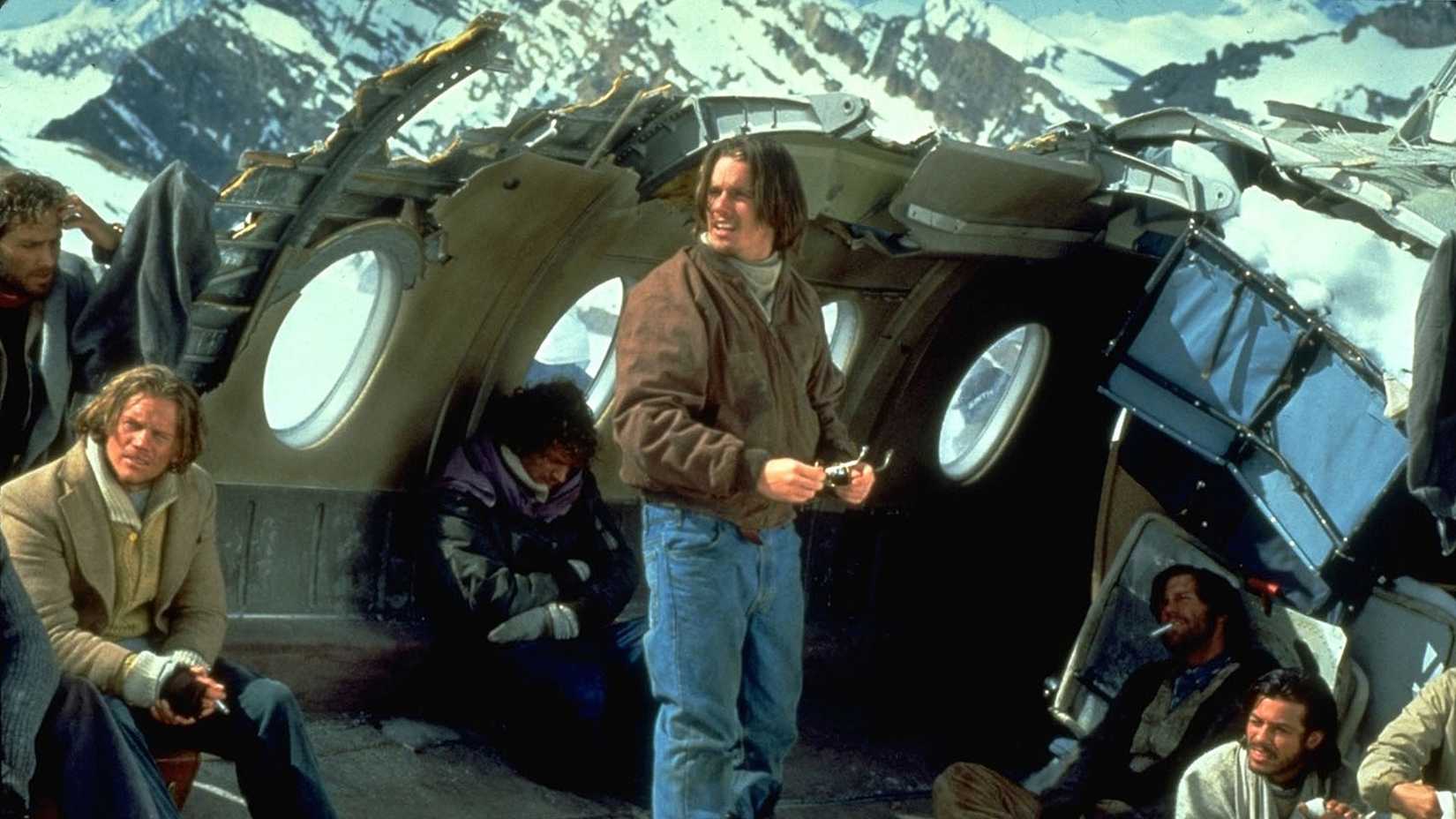 A still from Alive (1993) depicting the survivors of 1972 Andes disaster