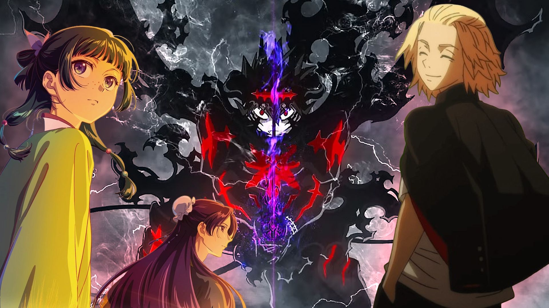 Apothecary Diaries, Tokyo Revengers, Black Clover collage