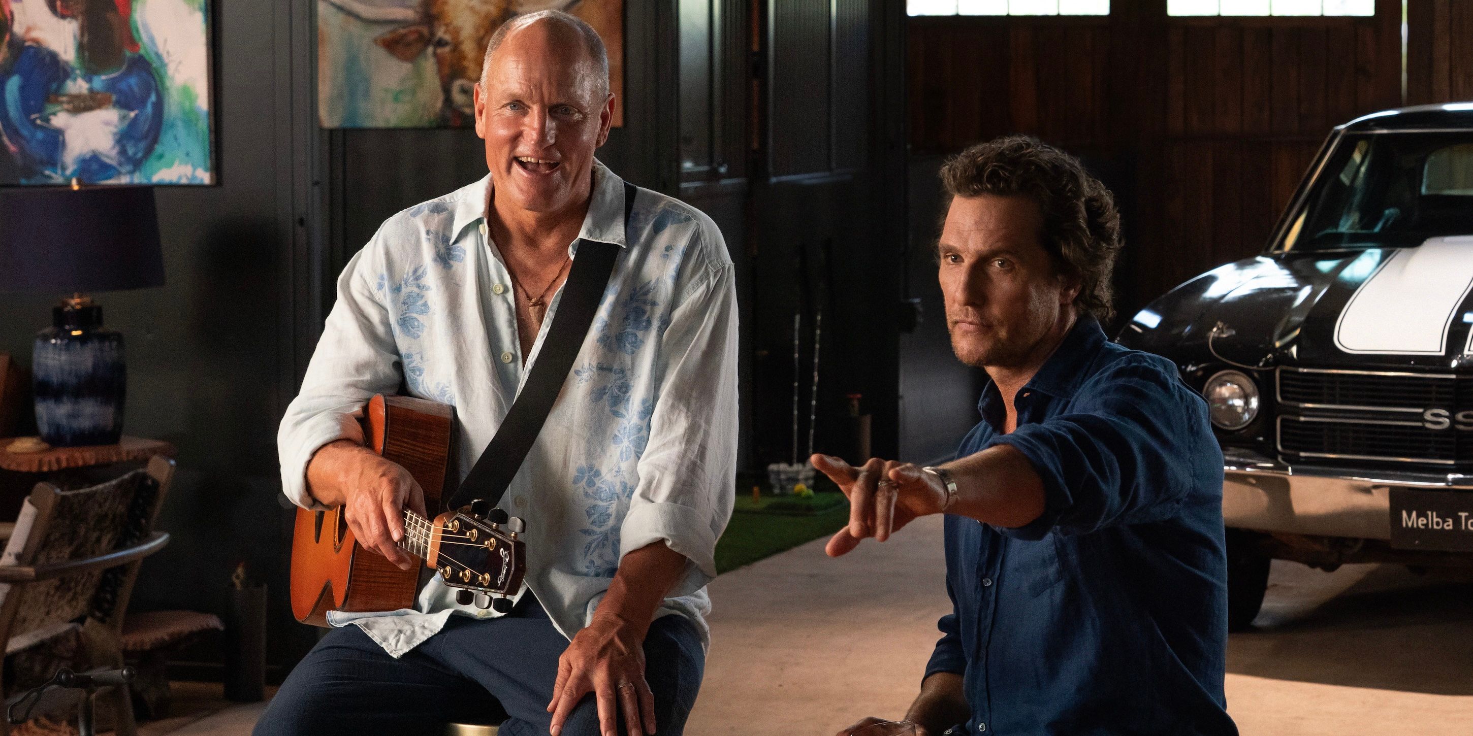 Woody Harrelson and Matthew McConaughey performing a song on Brothers