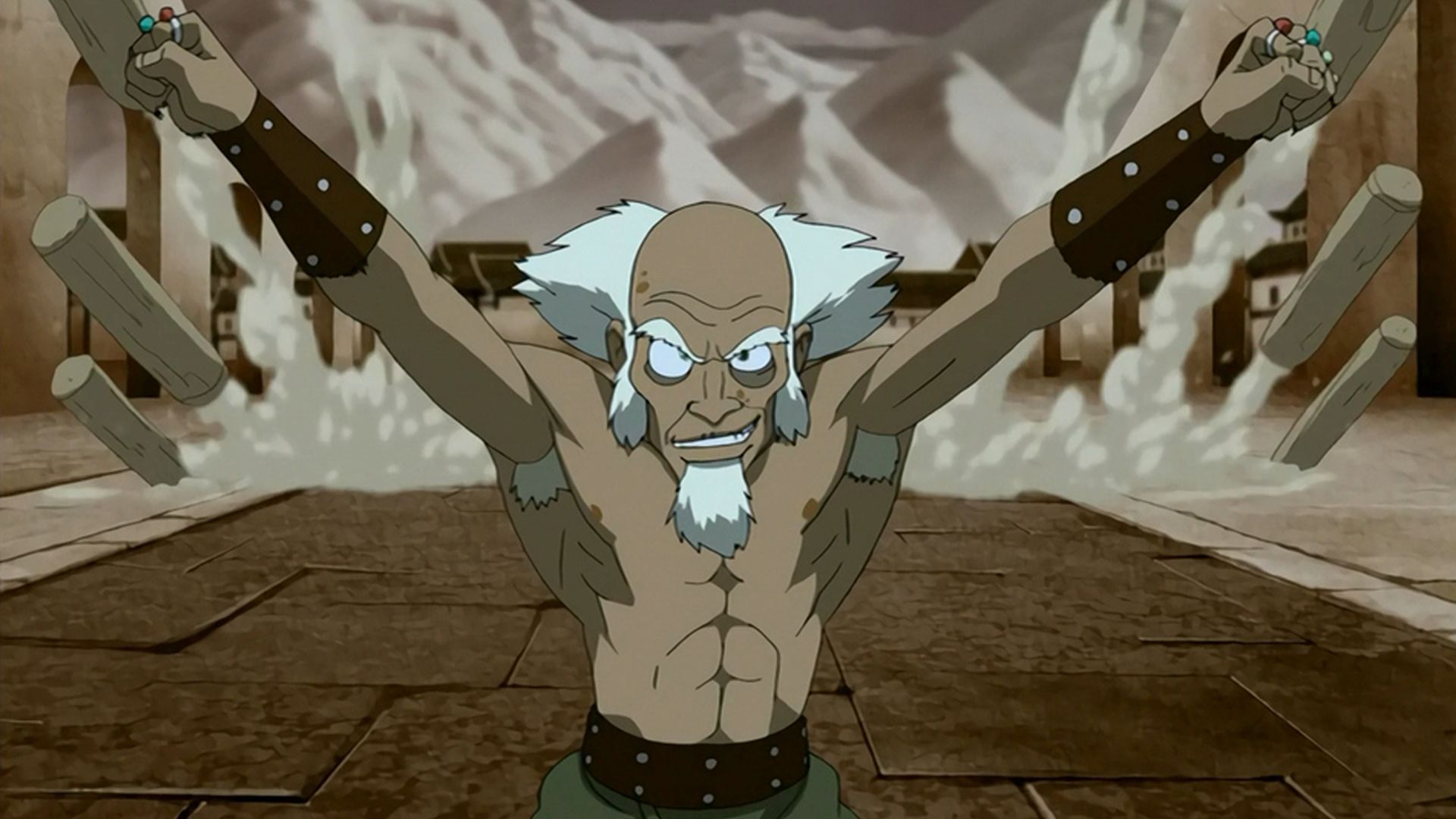 Bumi earthbending pillars at Ozai's statue in Avatar: The Last Airbender
